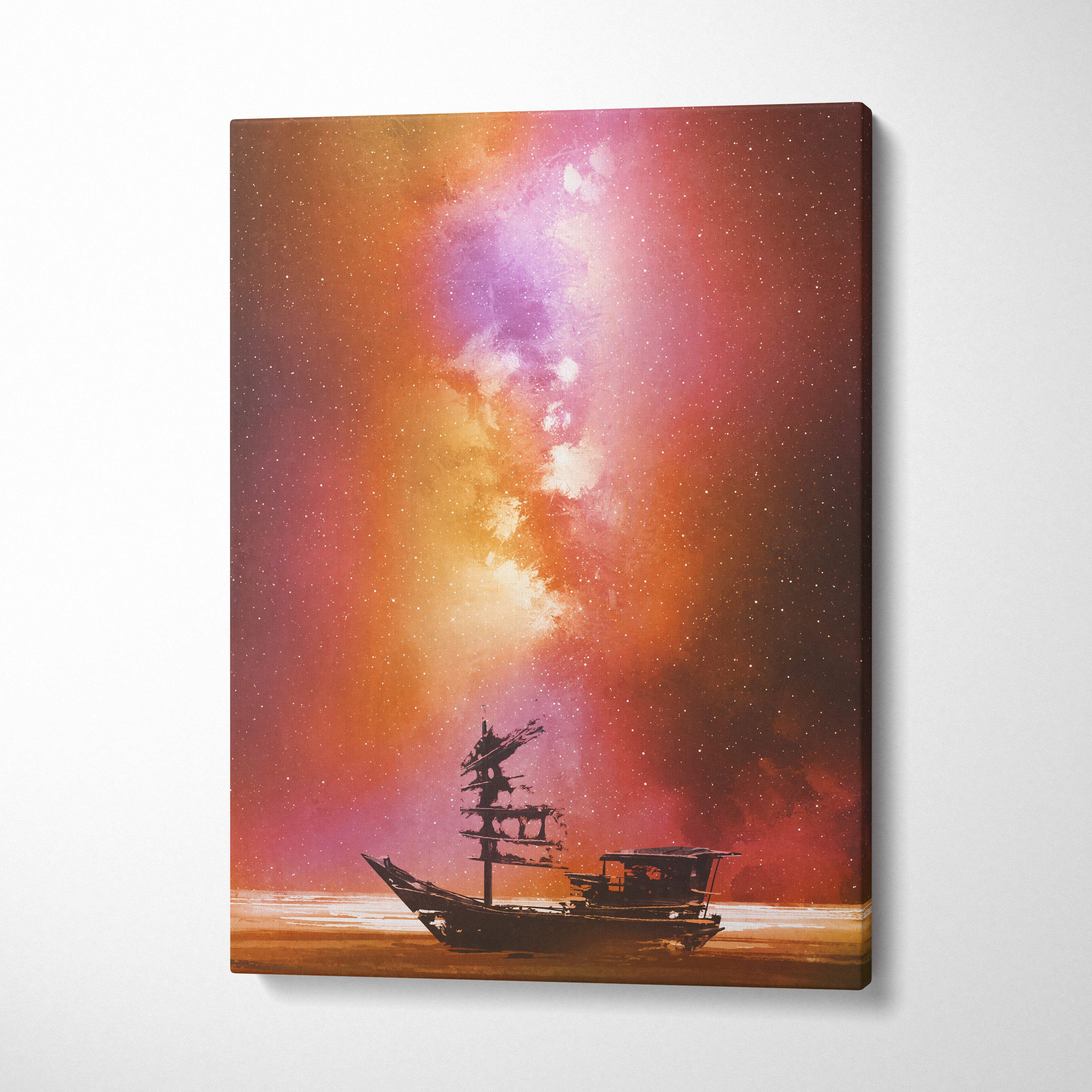 A canvas print of a silhouette wooden fishing boat under an orange and pink cosmic nebula night sky wall decor