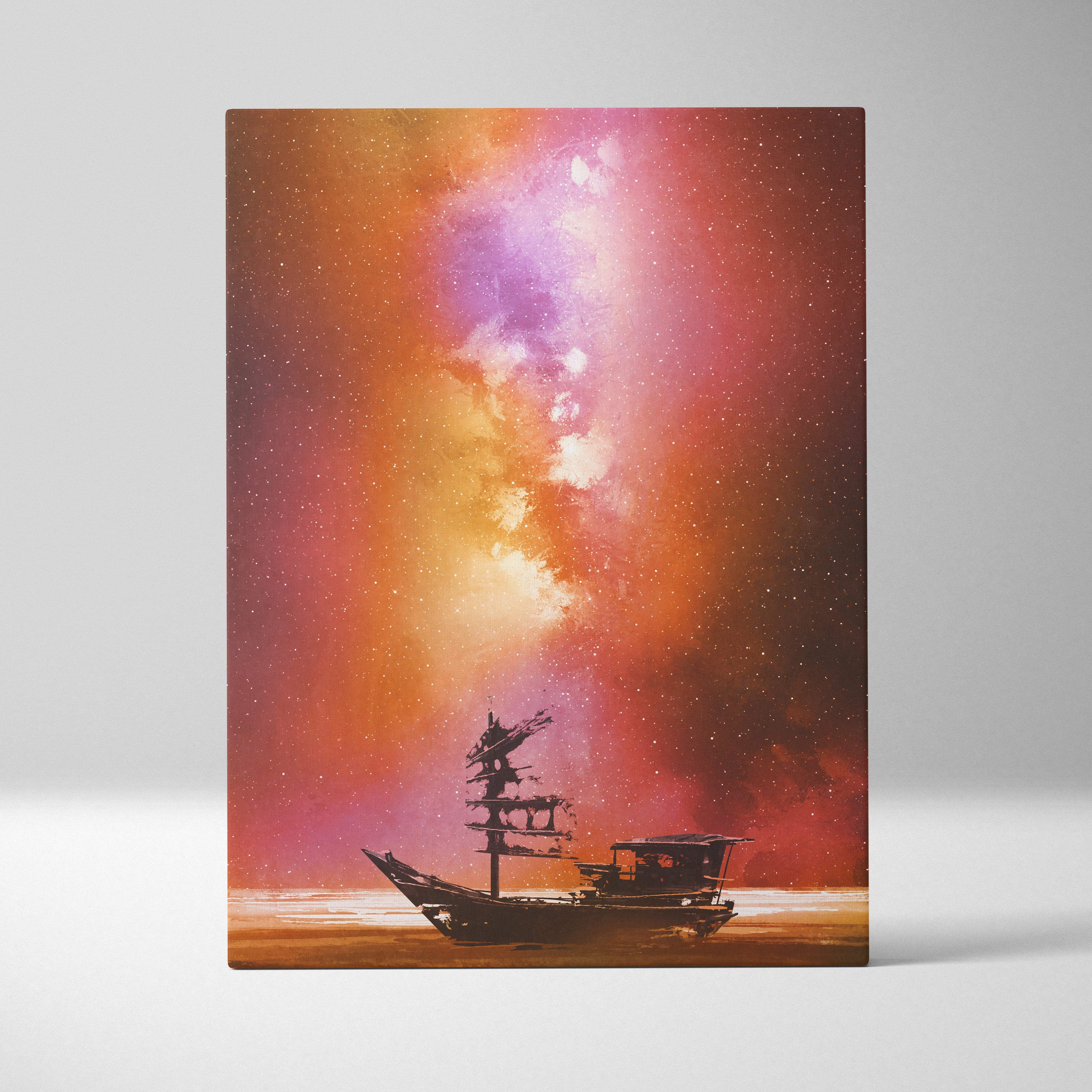 A canvas print featuring a silhouette of an old fishing boat under an orange and pink cosmic nebula sky