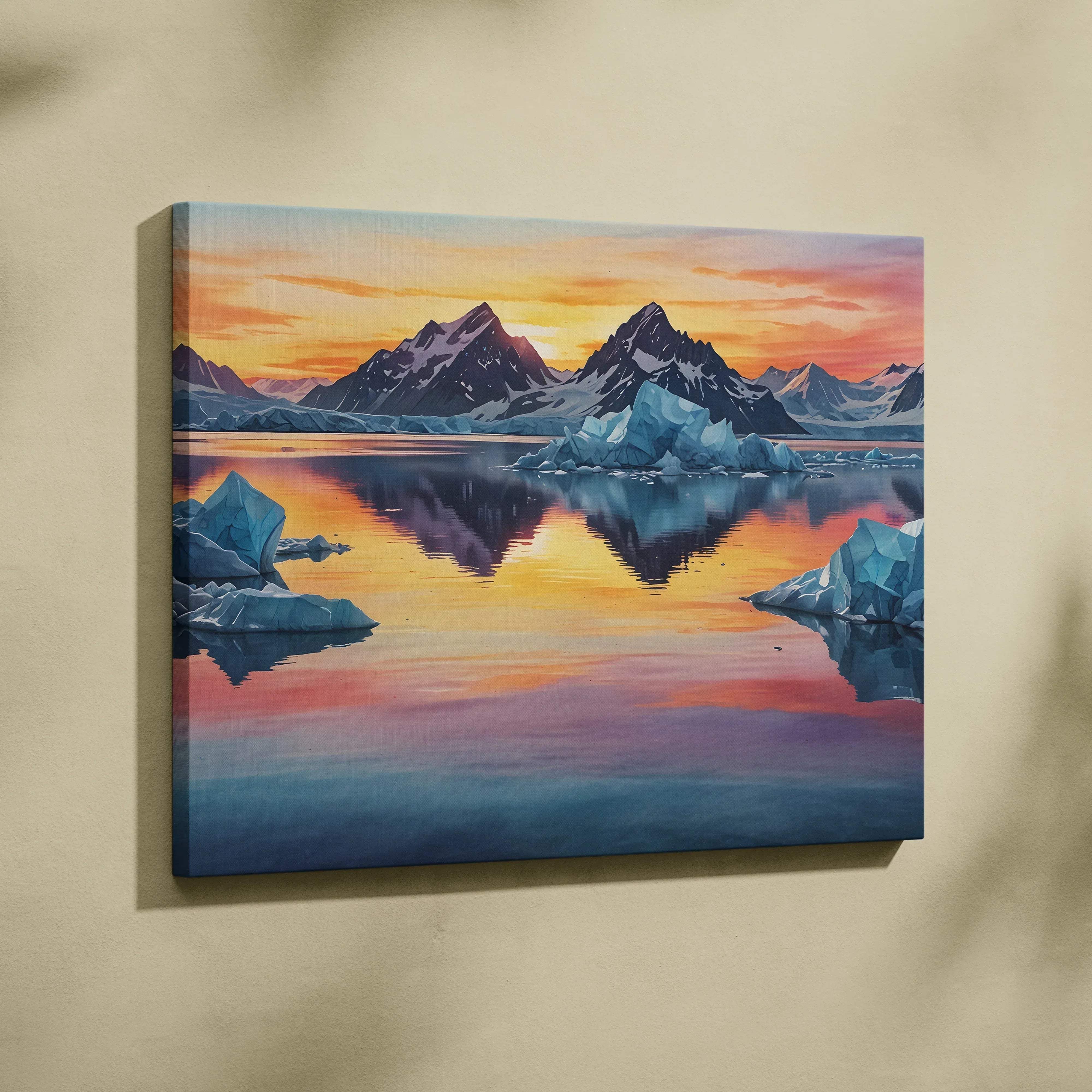 Watercolor mountains landscape canvas wall art featuring a vibrant sunset over icy mountains and reflective water in warm orange purple hues