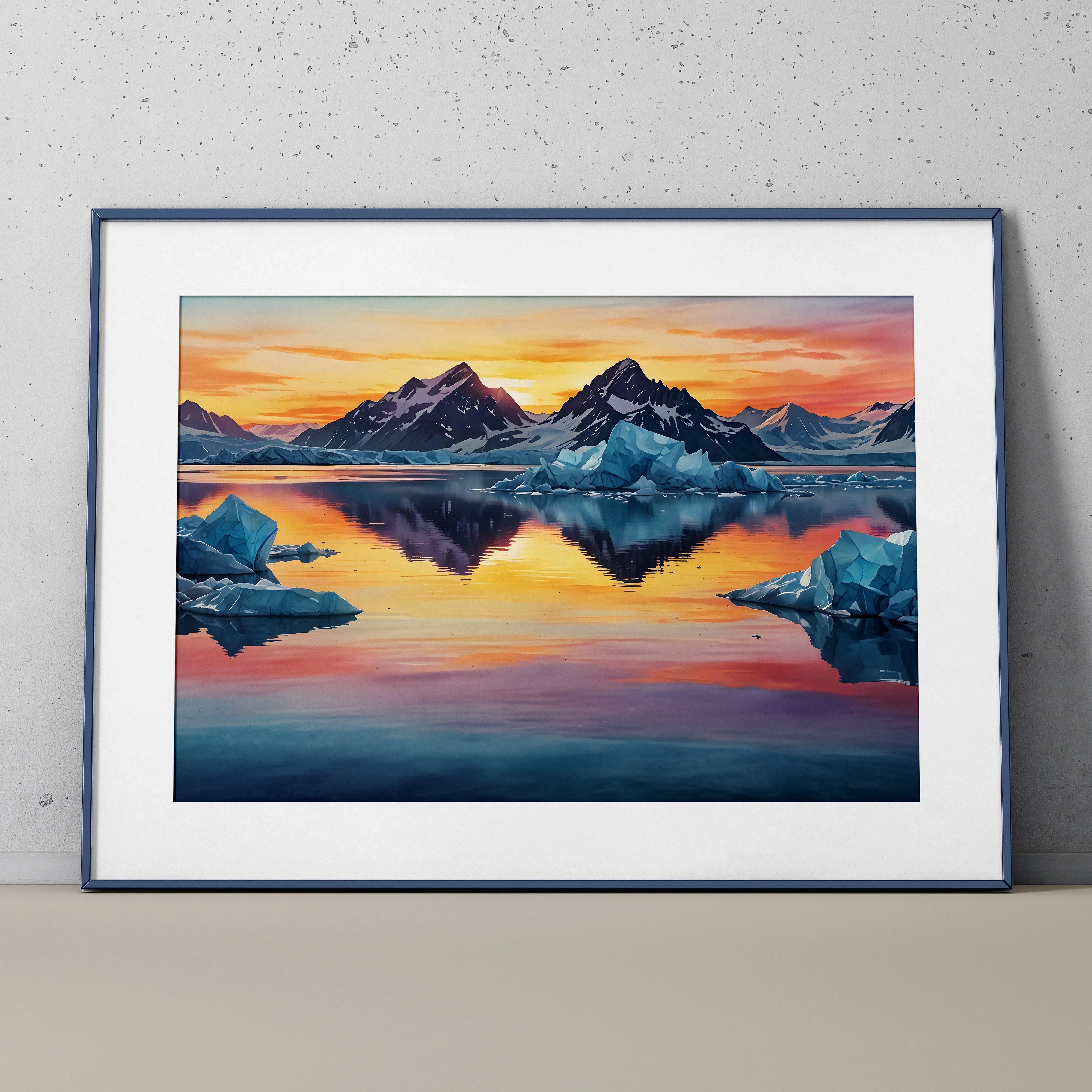 Colorful watercolor poster of mountain peaks and icebergs reflecting on a sunset lake wall art.
