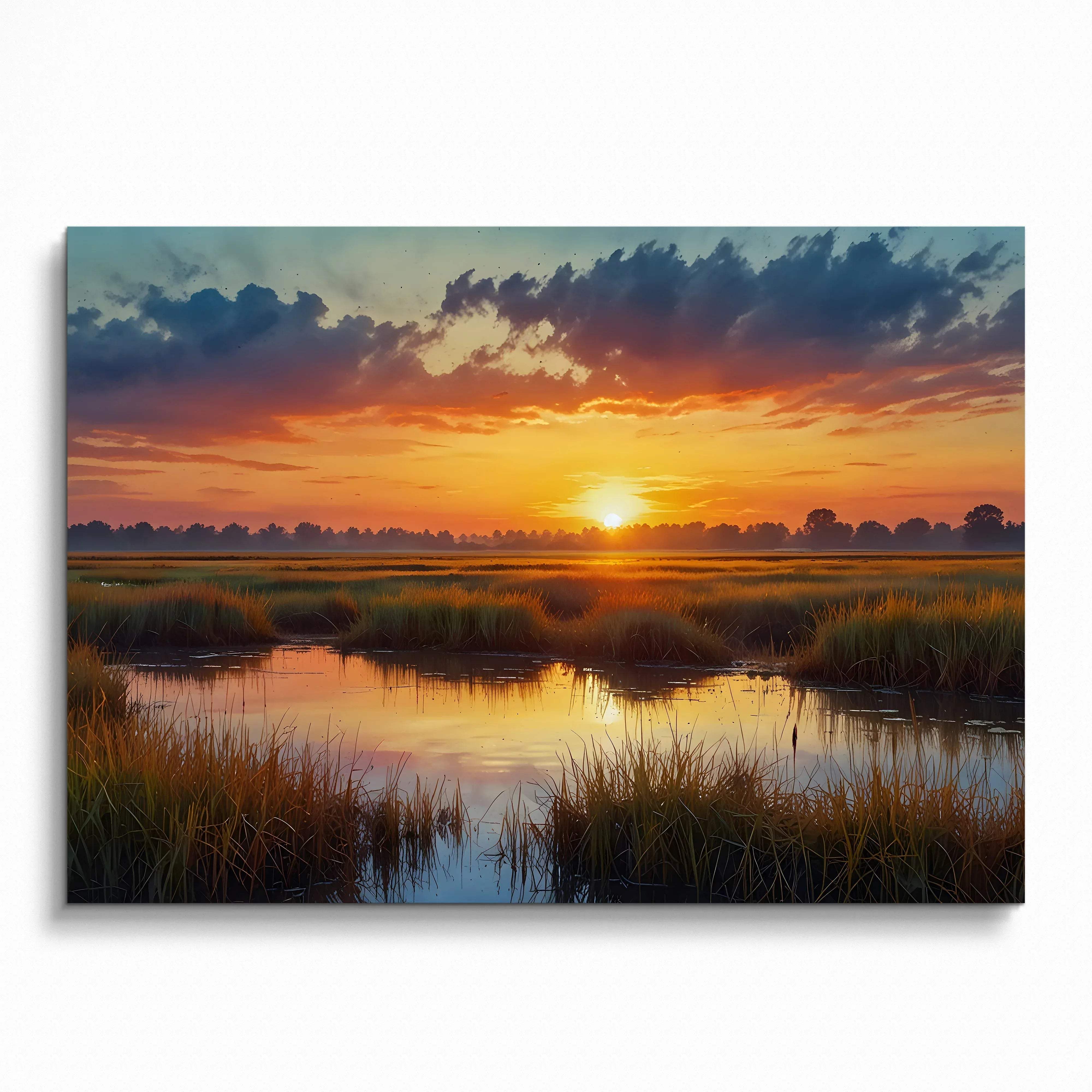 Vibrant watercolor sunset over marshland with reflective water and dramatic clouds poster wall art.