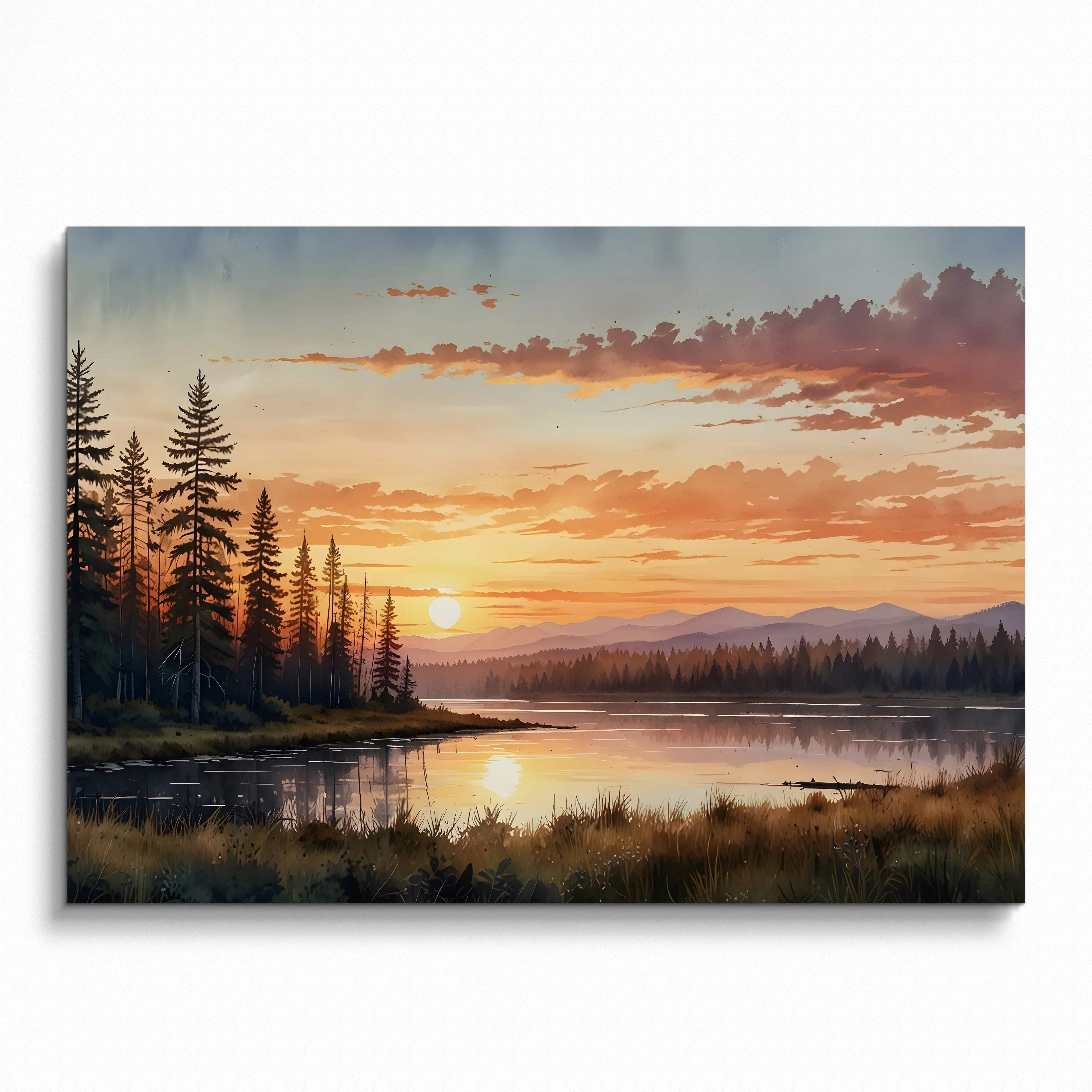 Watercolor sunset poster featuring pine trees by a reflective lake, warm sky, serene wall art.