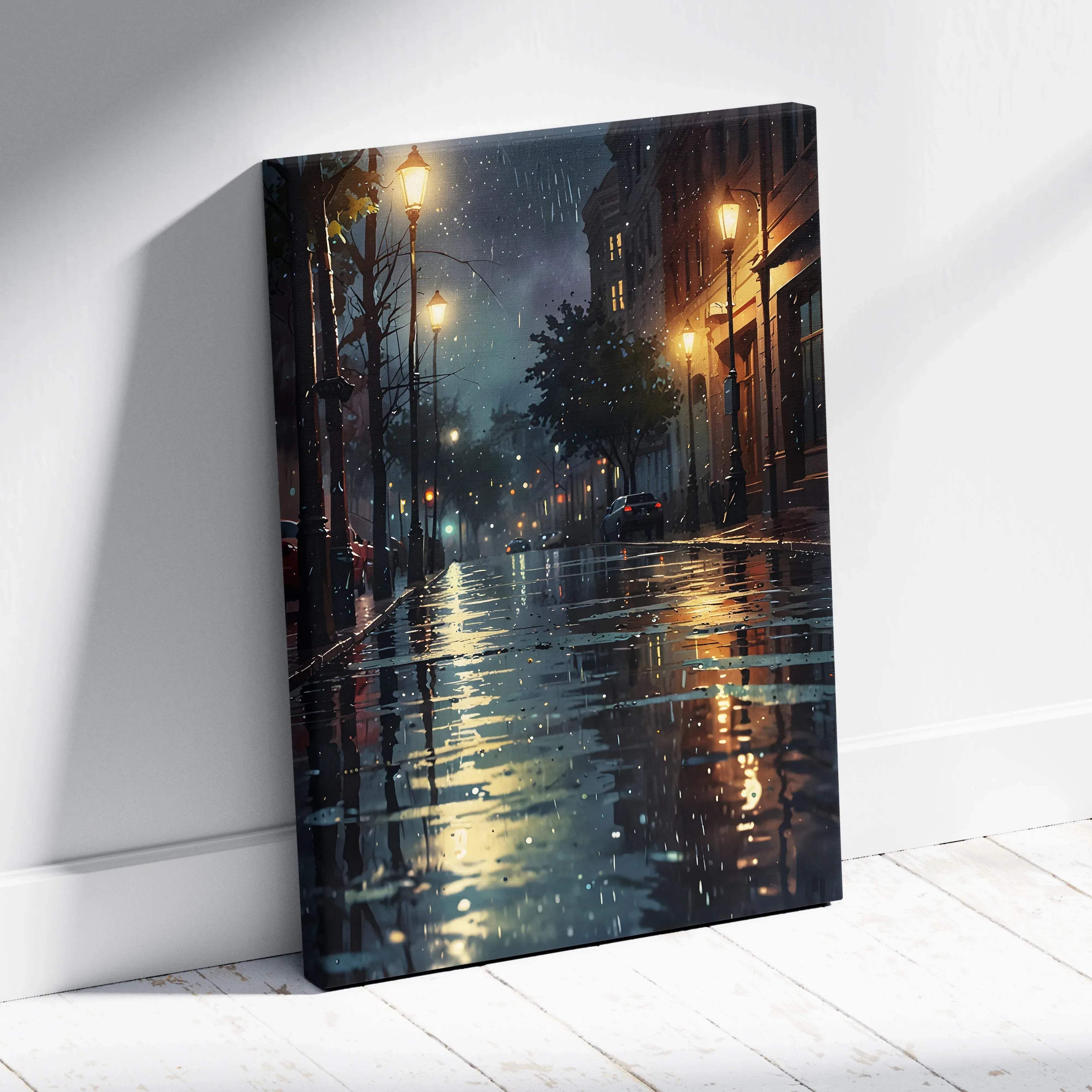 A rectangular canvas print of a rainy urban night cityscape with warm amber streetlight reflections on wet pavement