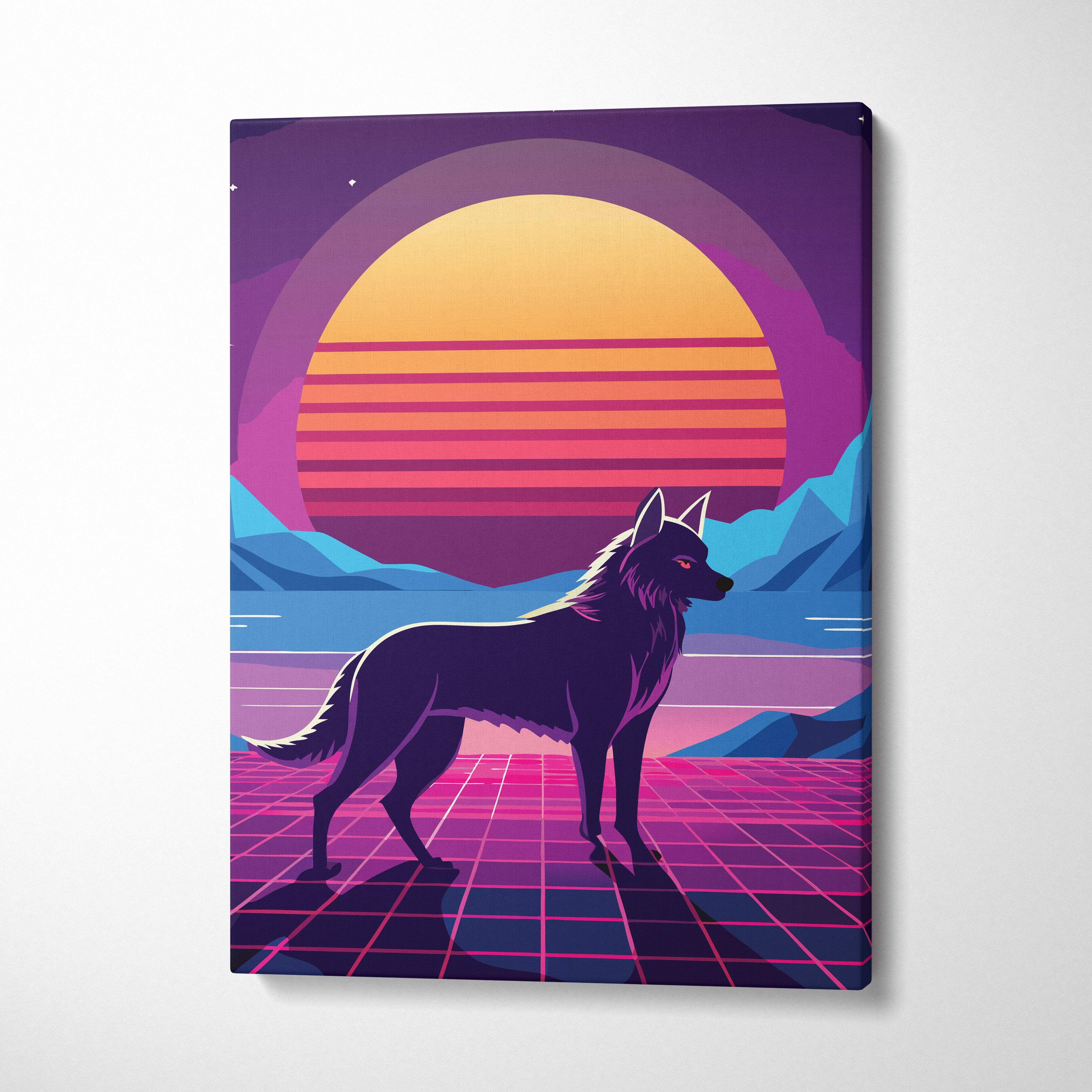 Retrowave wolf canvas art print with a black wolf on a neon pink grid and sunset stripes in vaporwave mountain style