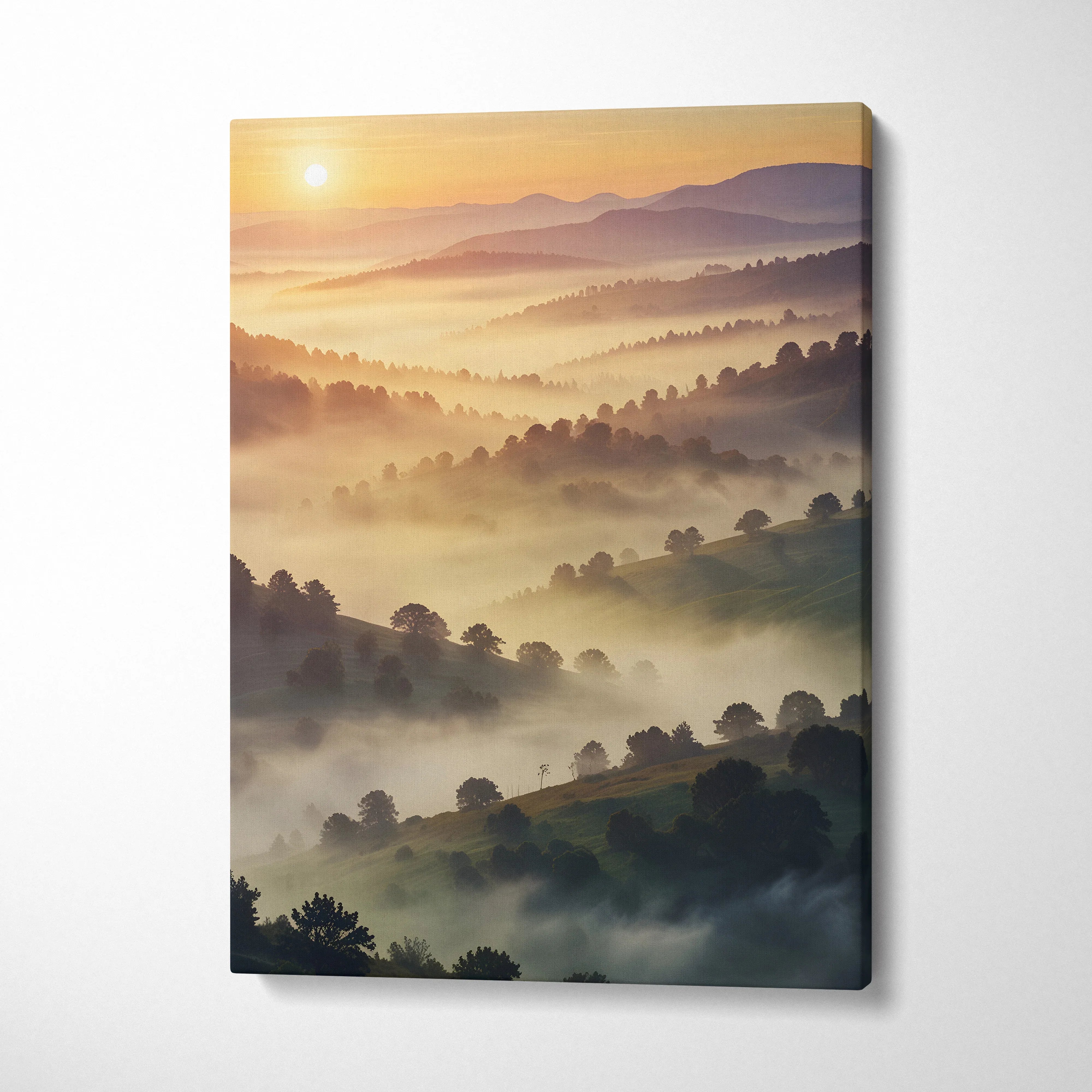 Canvas wall art featuring a vivid sunset over misty rolling hills in warm watercolor tones.