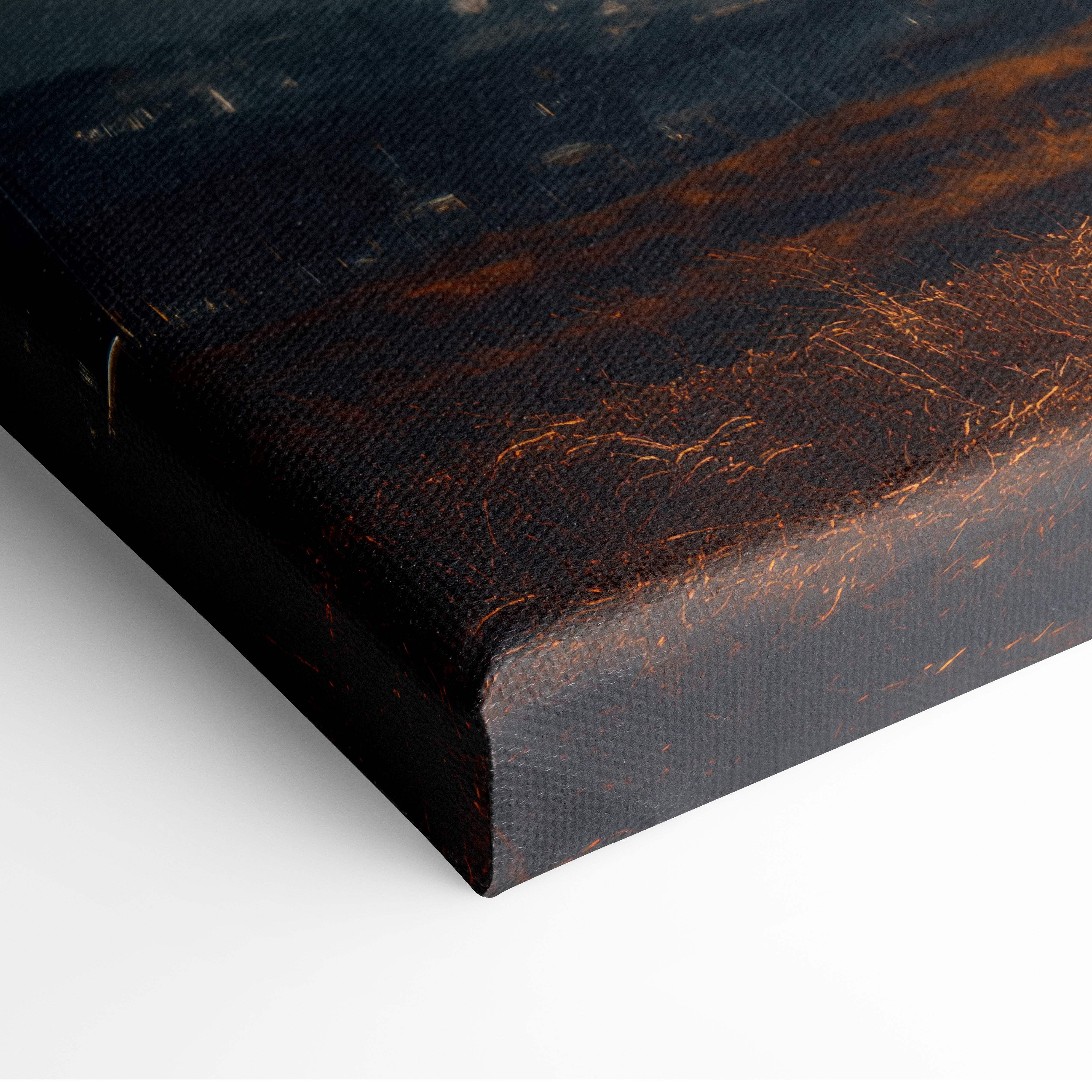 Black canvas print with textured distressed surface and brownish orange brushstrokes of massive tornado touchdown at dusk