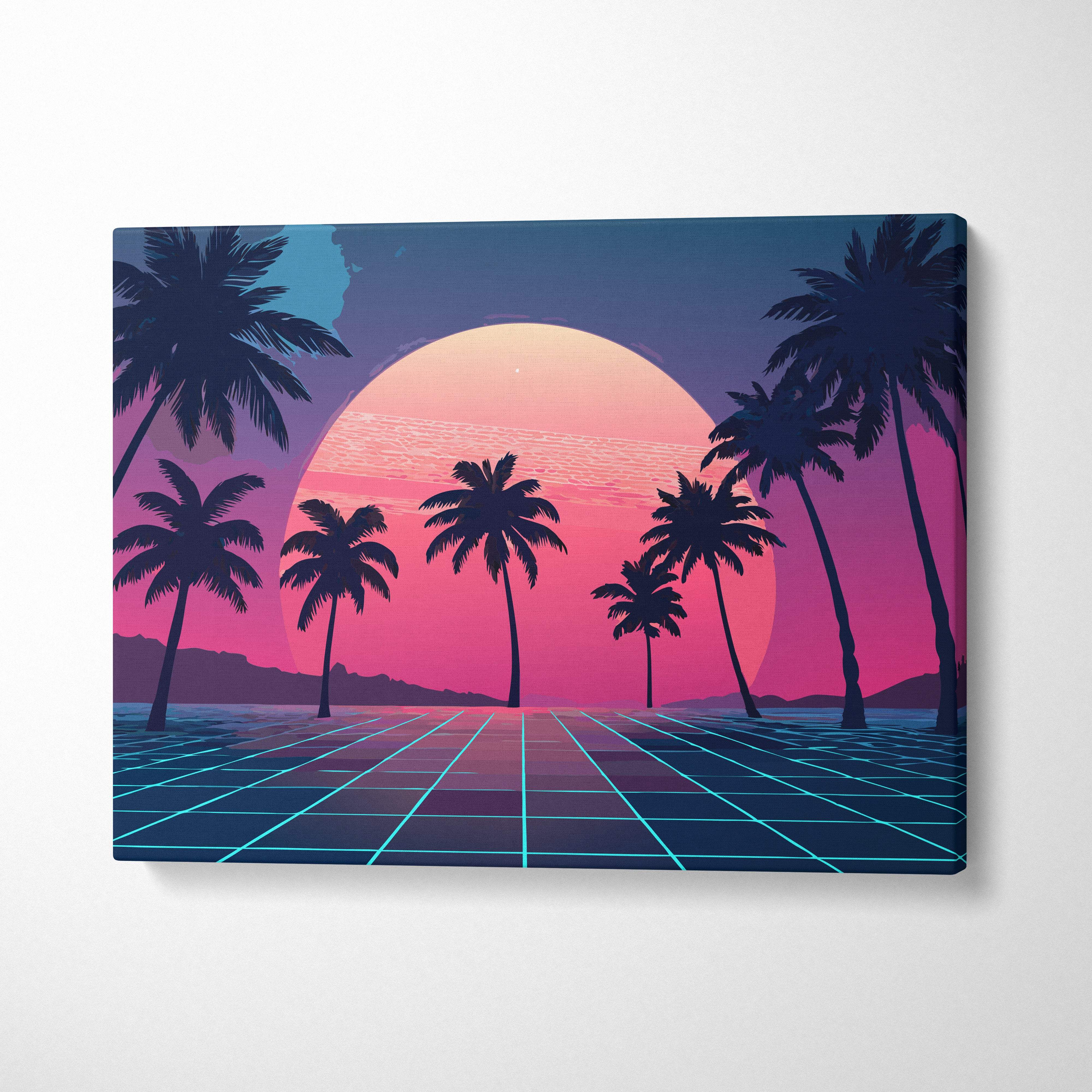 Vaporwave palm tree sunset canvas art print with silhouetted palms over pink orange synthwave ocean grid