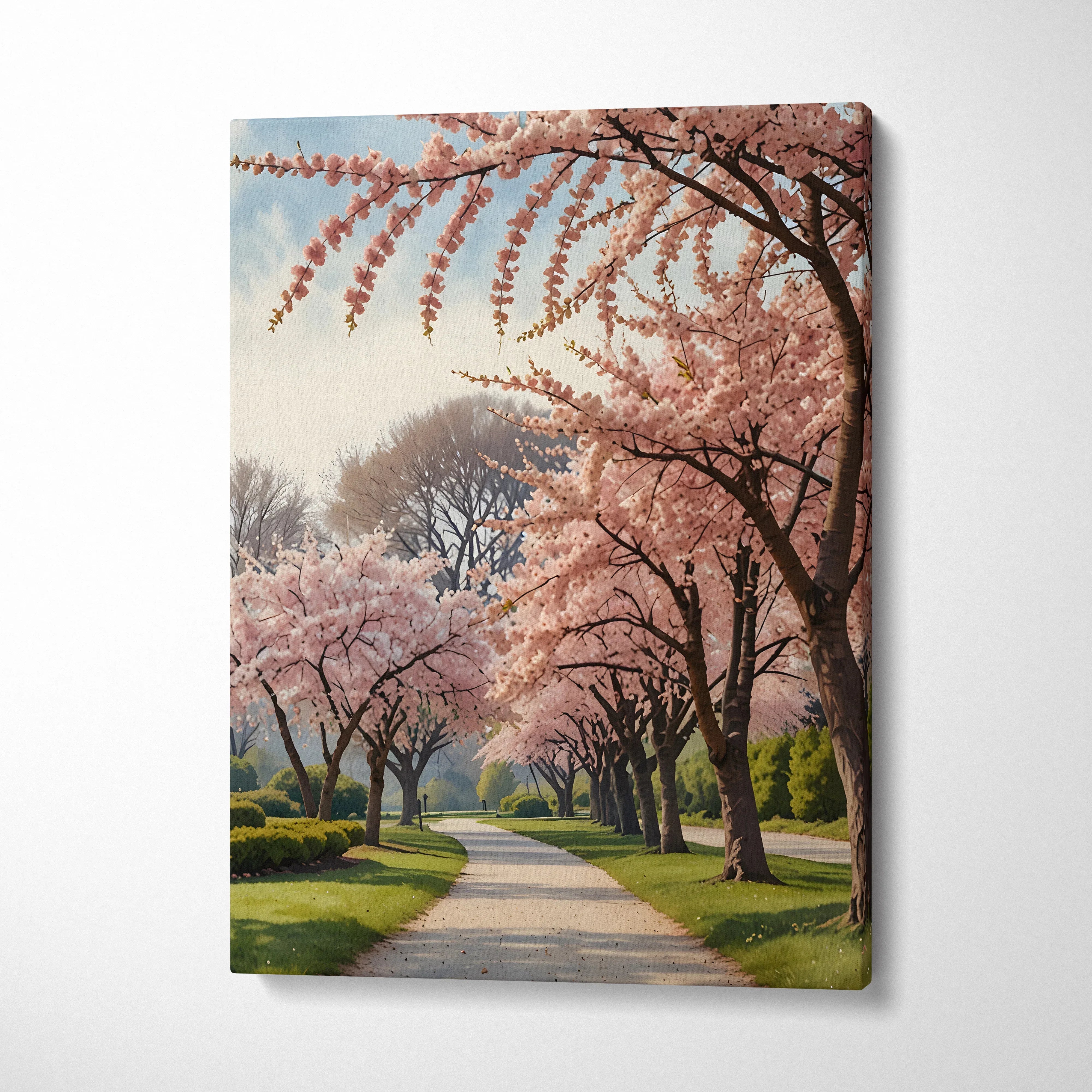 Vertical canvas wall art featuring a serene cherry blossom path with pink blooms and blue sky.