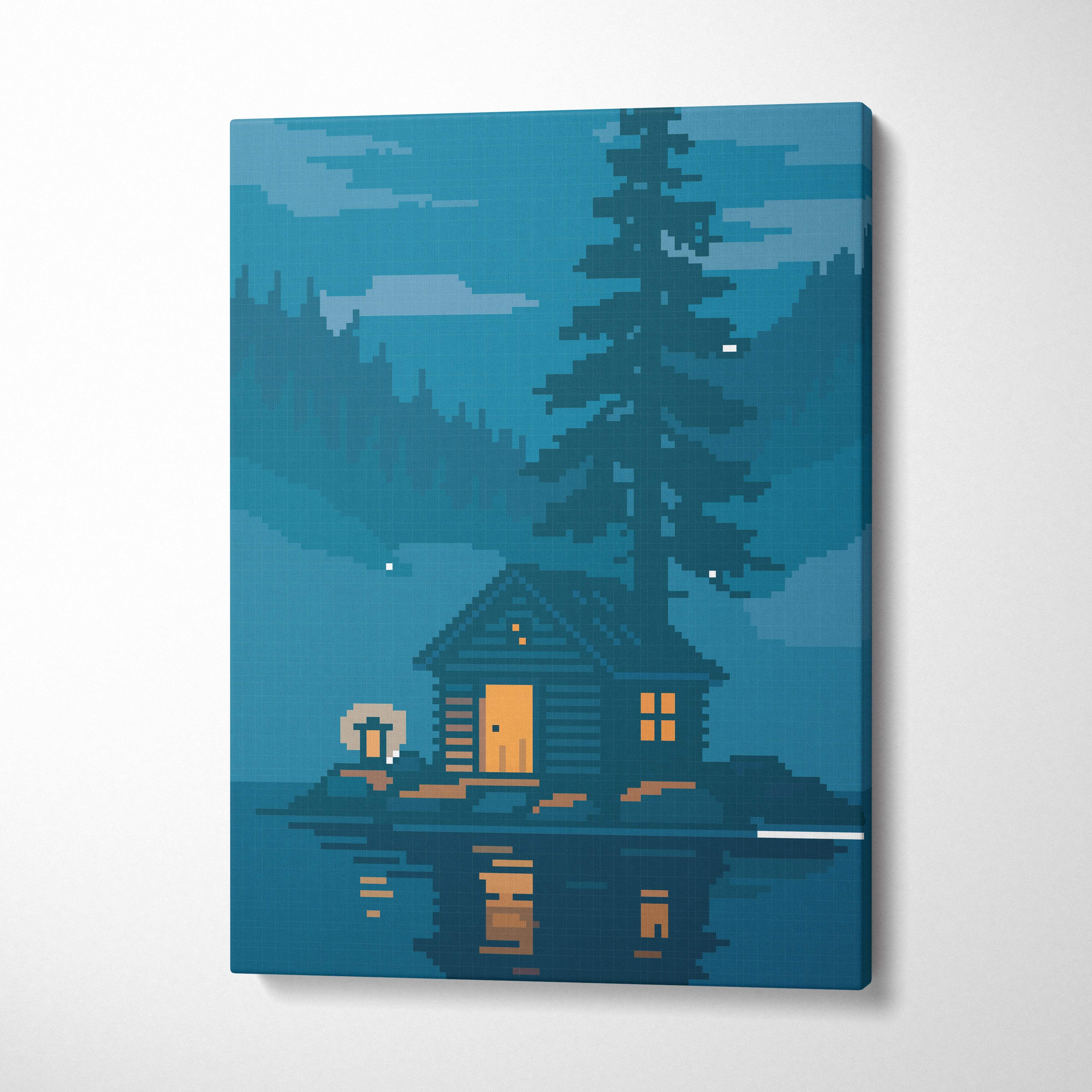 Pixel art canvas print of a cozy log cabin on a blue and warm orange island for peaceful night nature decor
