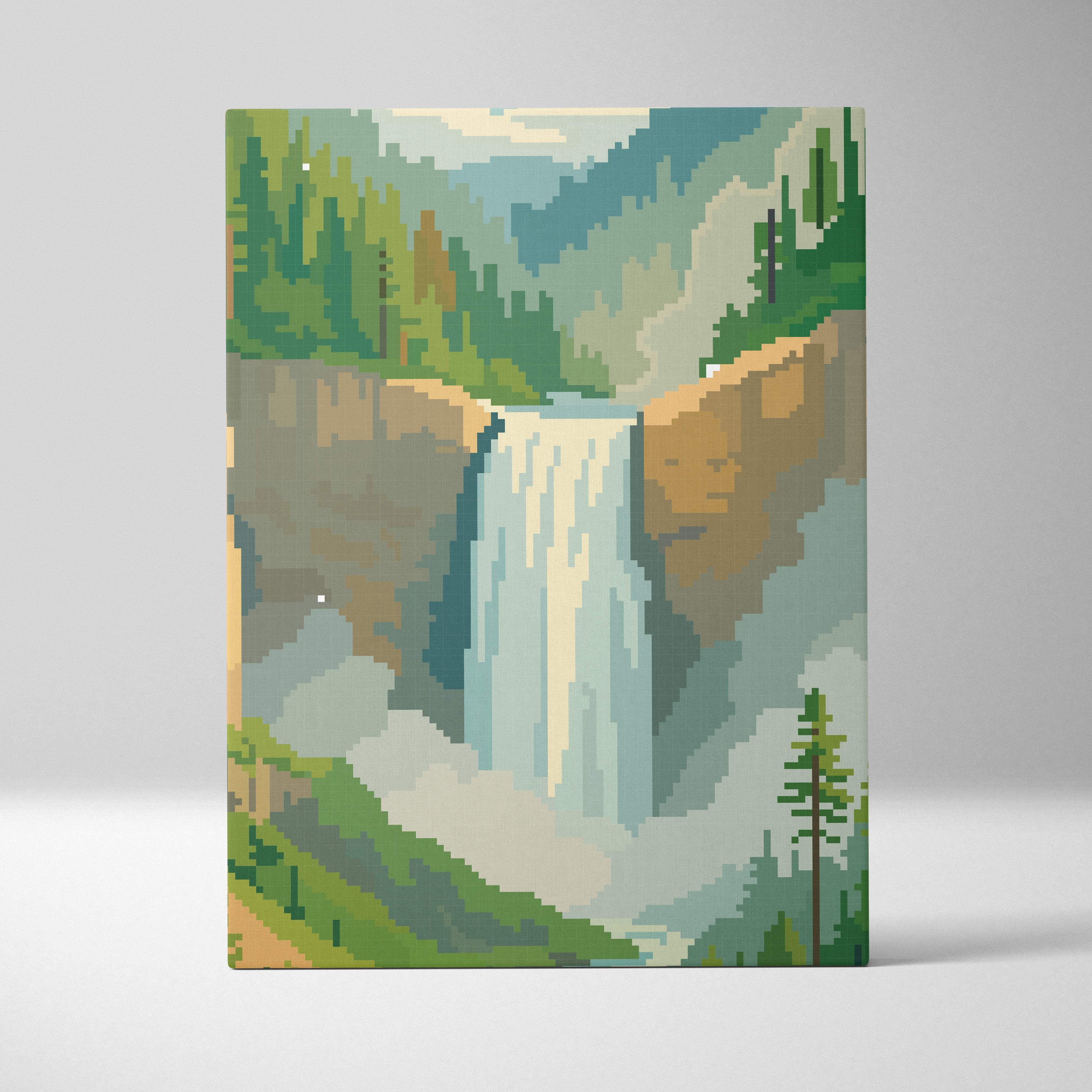 Waterfall mountain pixel art canvas print featuring a green forest landscape with cascading waterfall and misty mountains