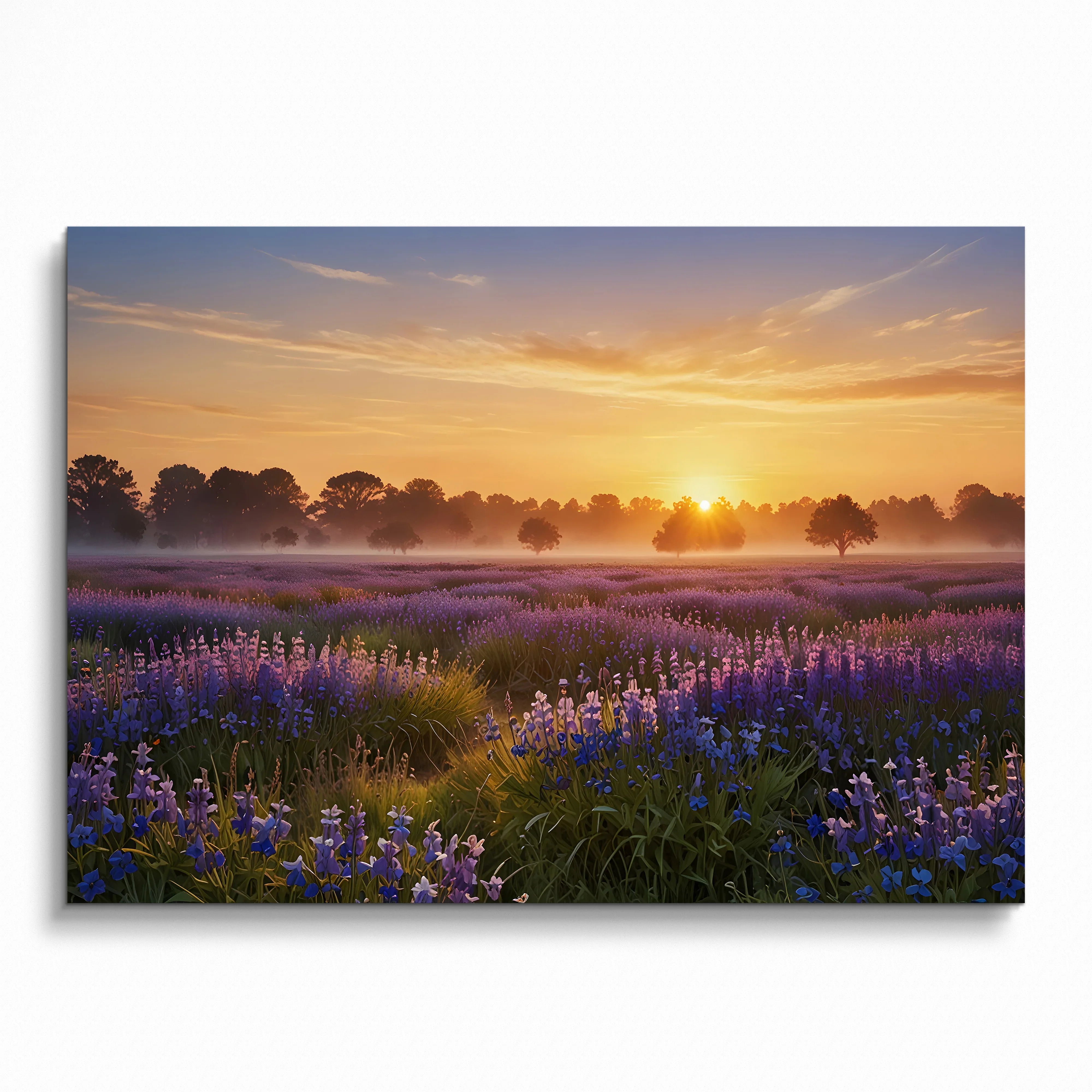 Sunset floral watercolor poster featuring vibrant purple flowers and glowing golden sky wall art.