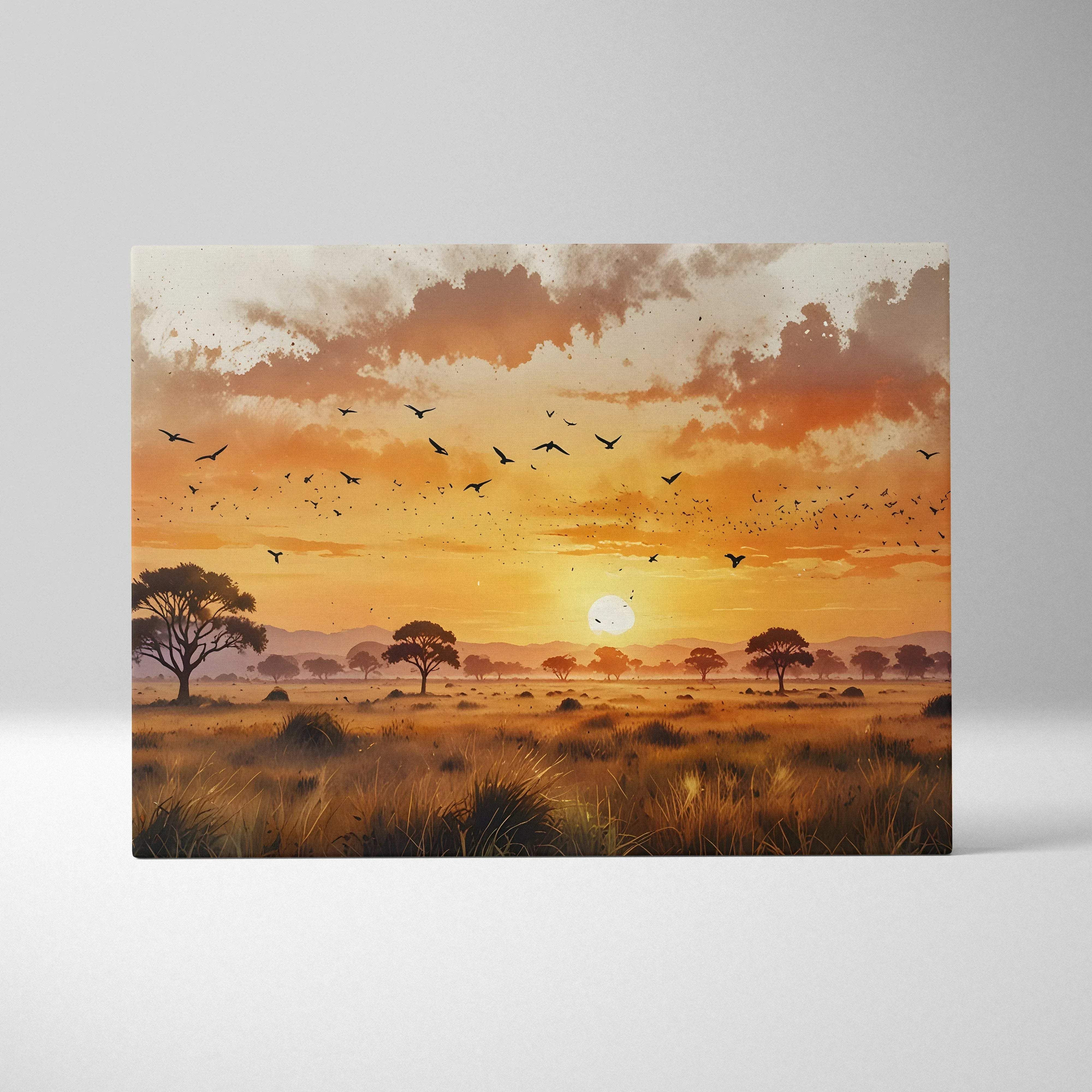 Rectangular canvas wall art of a vibrant african savanna sunset with warm amber hues and silhouetted trees and birds