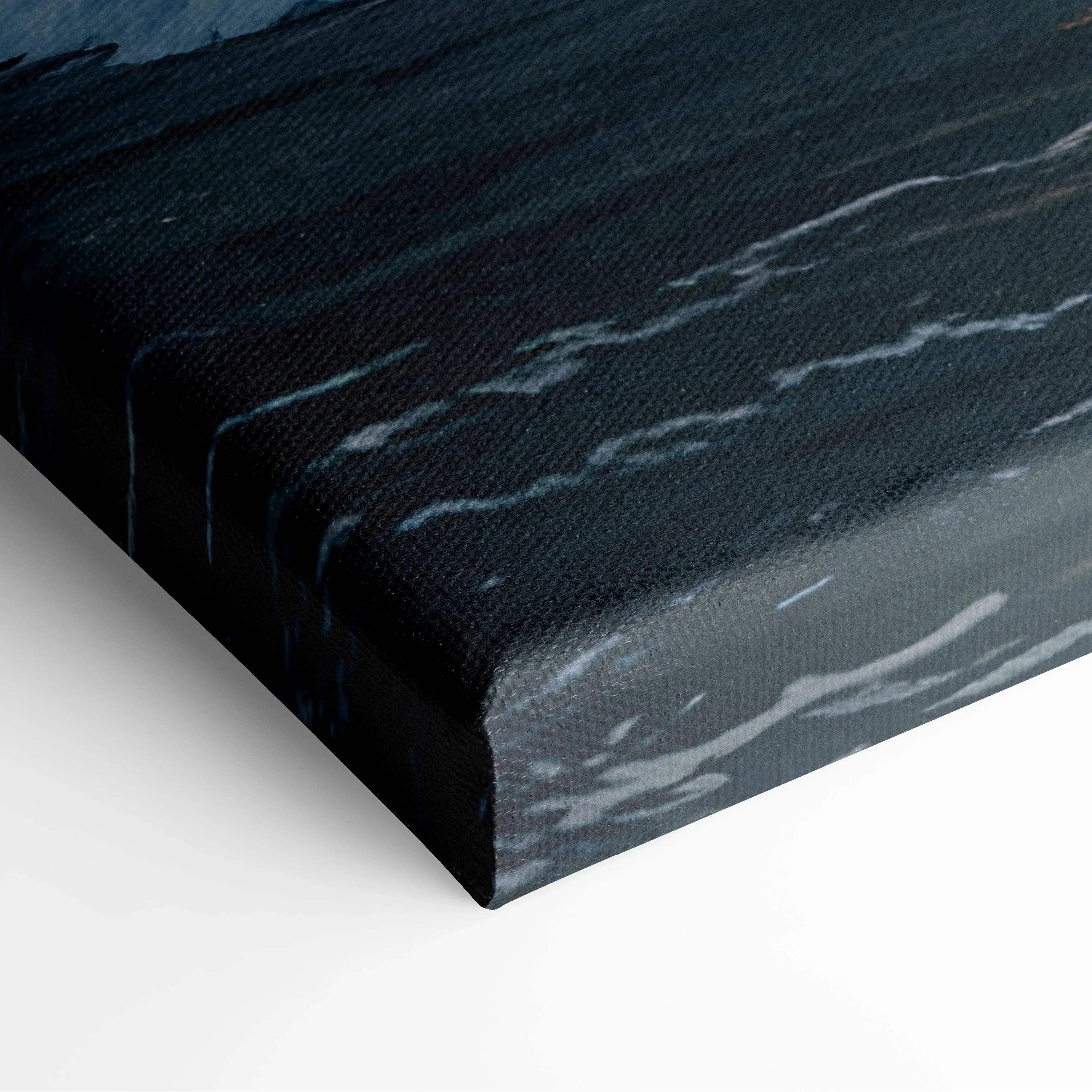 Black canvas print with textured surface and subtle gray wave patterns inspired by coastal seascape sunset over cliffs
