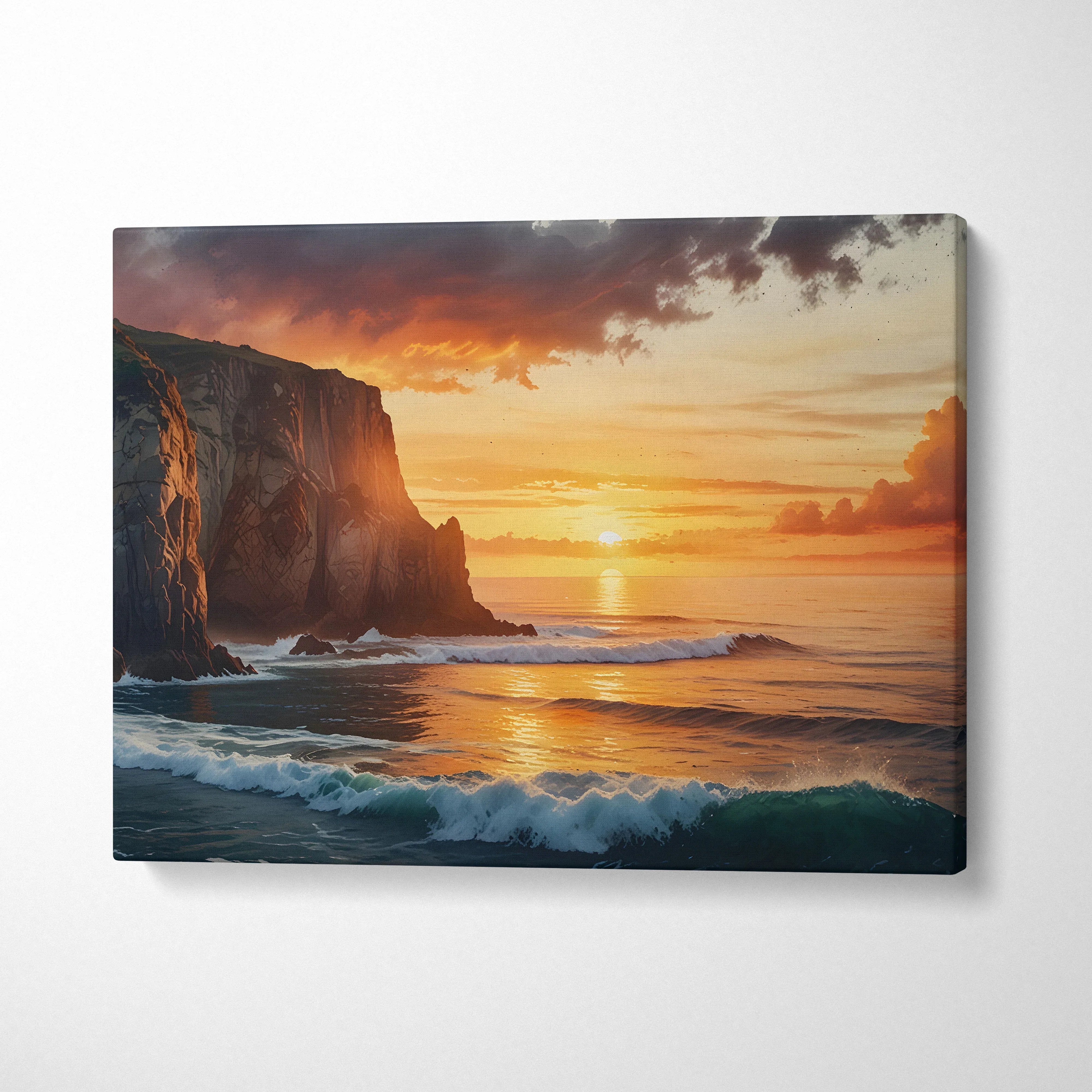 Canvas wall art featuring vibrant watercolor sunset over ocean waves with rocky cliff silhouette.