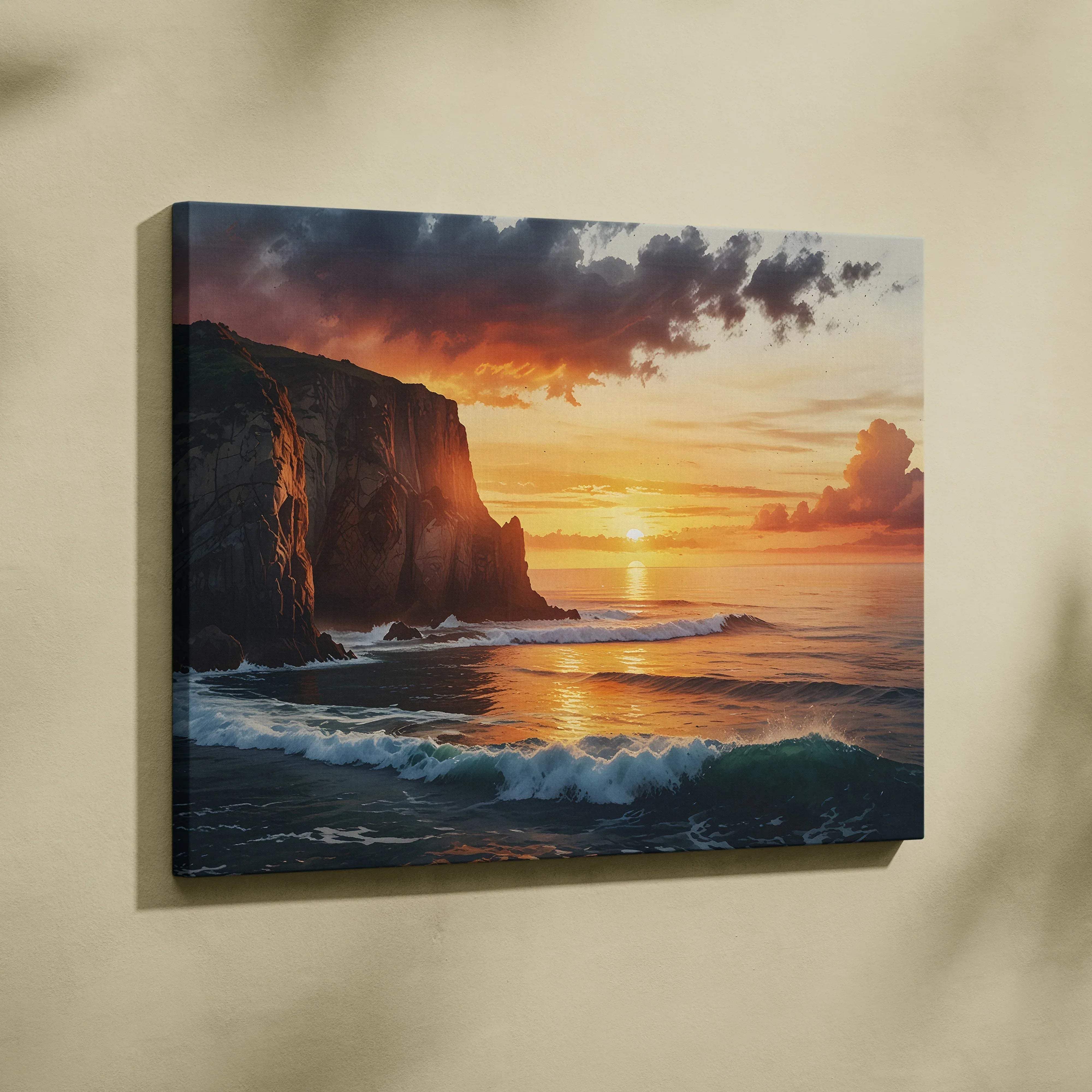 Coastal seascape sunset canvas wall art showing fiery orange and deep purple clouds over rugged cliffs and crashing waves