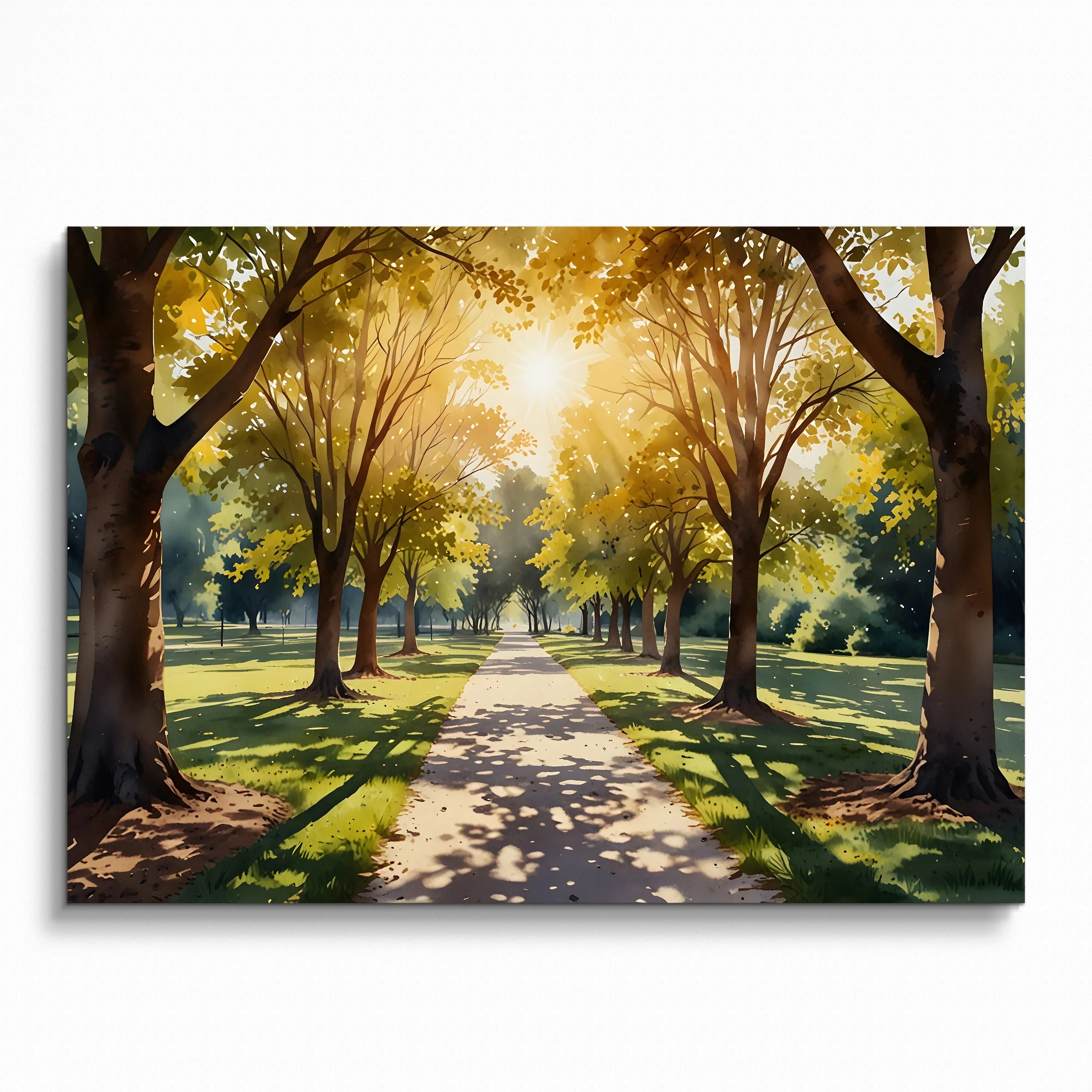 Serene watercolor forest poster with sunlit trees and shaded pathway wall art.