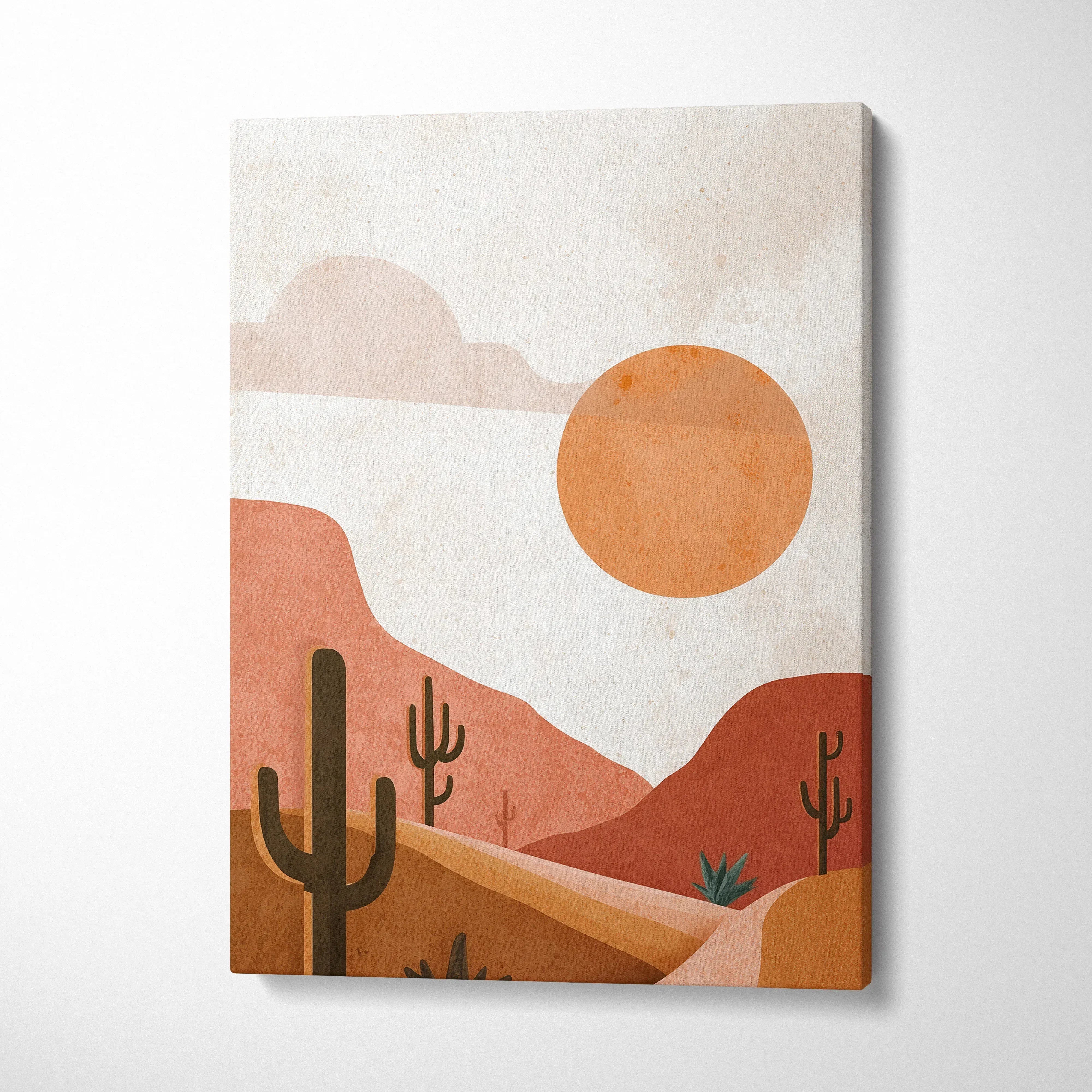 Desert landscape canvas wall art with orange sun, cacti, and brown hills in warm tones.