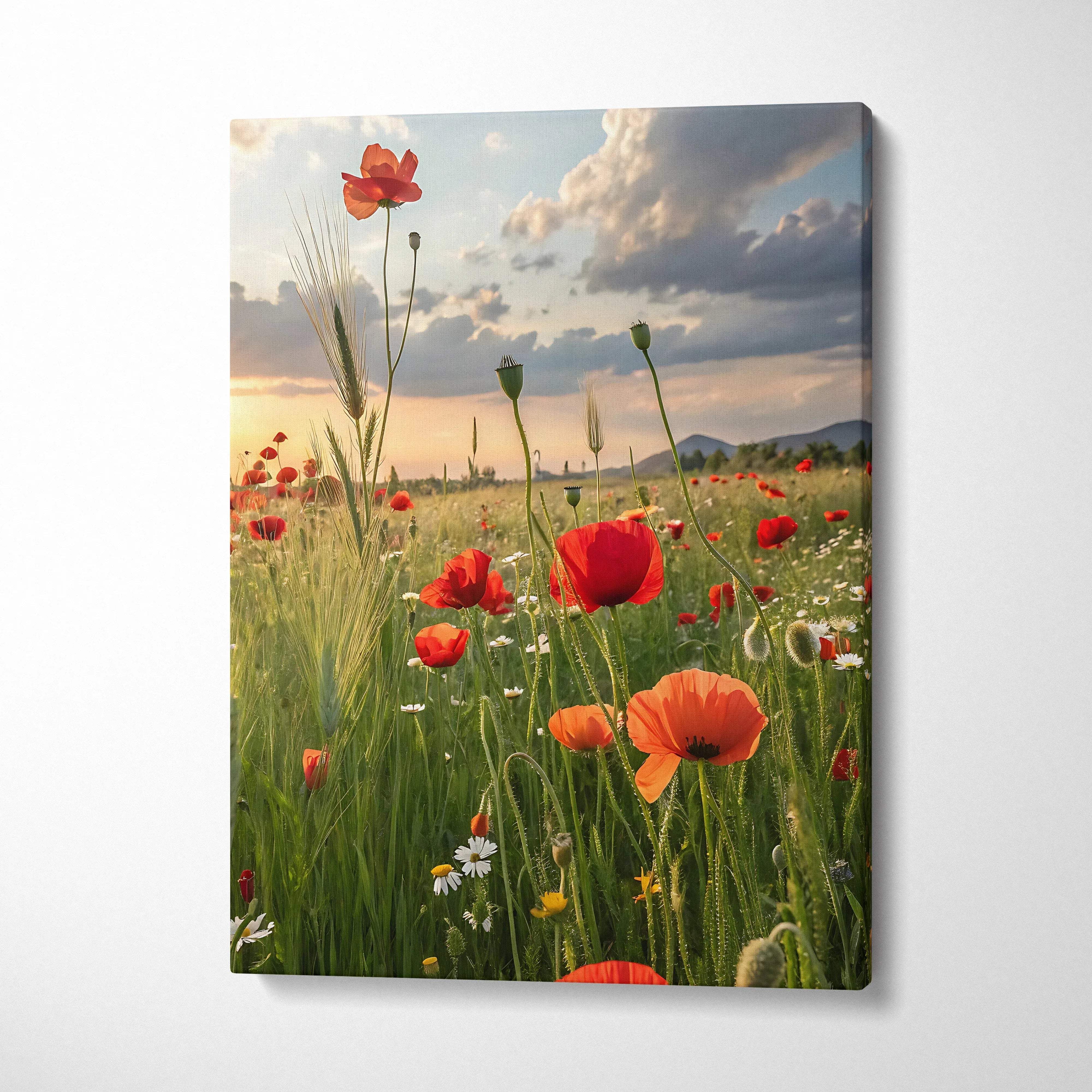 Canvas wall art featuring vibrant red poppies and wildflowers under a dramatic sunset sky.