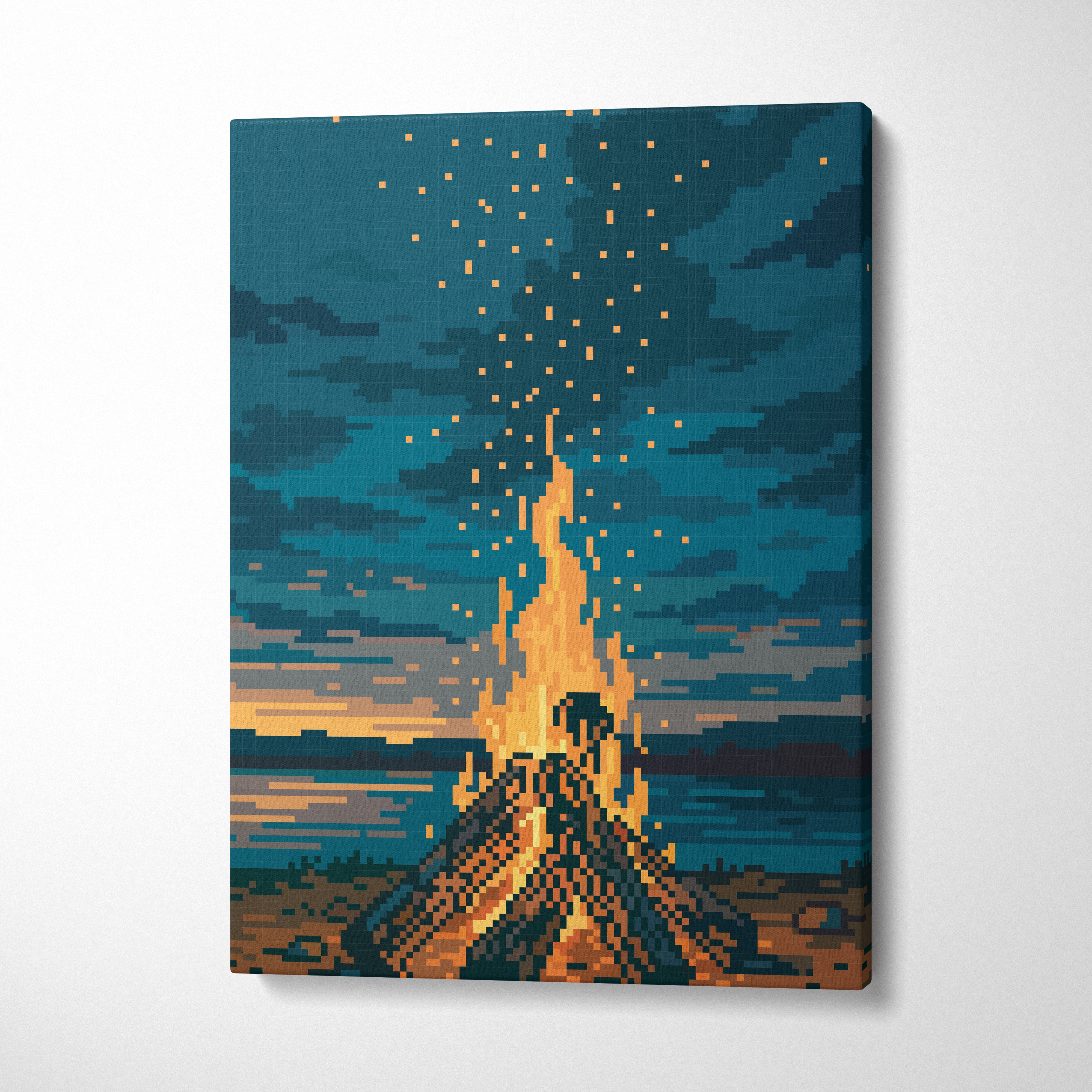 Campfire pixel art canvas print of orange and blue forest night with cozy campfire under starry sky wall art