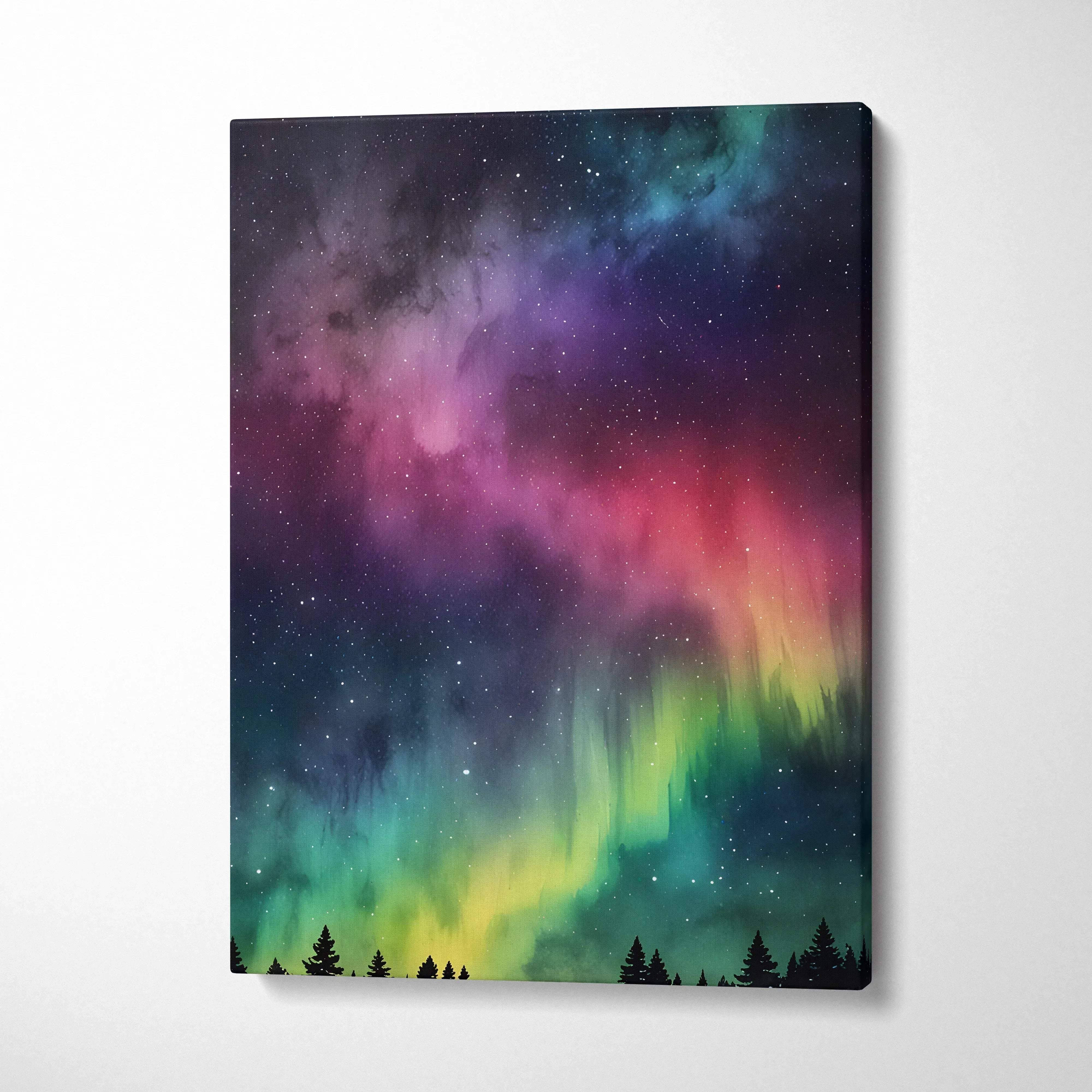 Vertical canvas wall art featuring vibrant watercolor night sky with colorful aurora and silhouette trees.