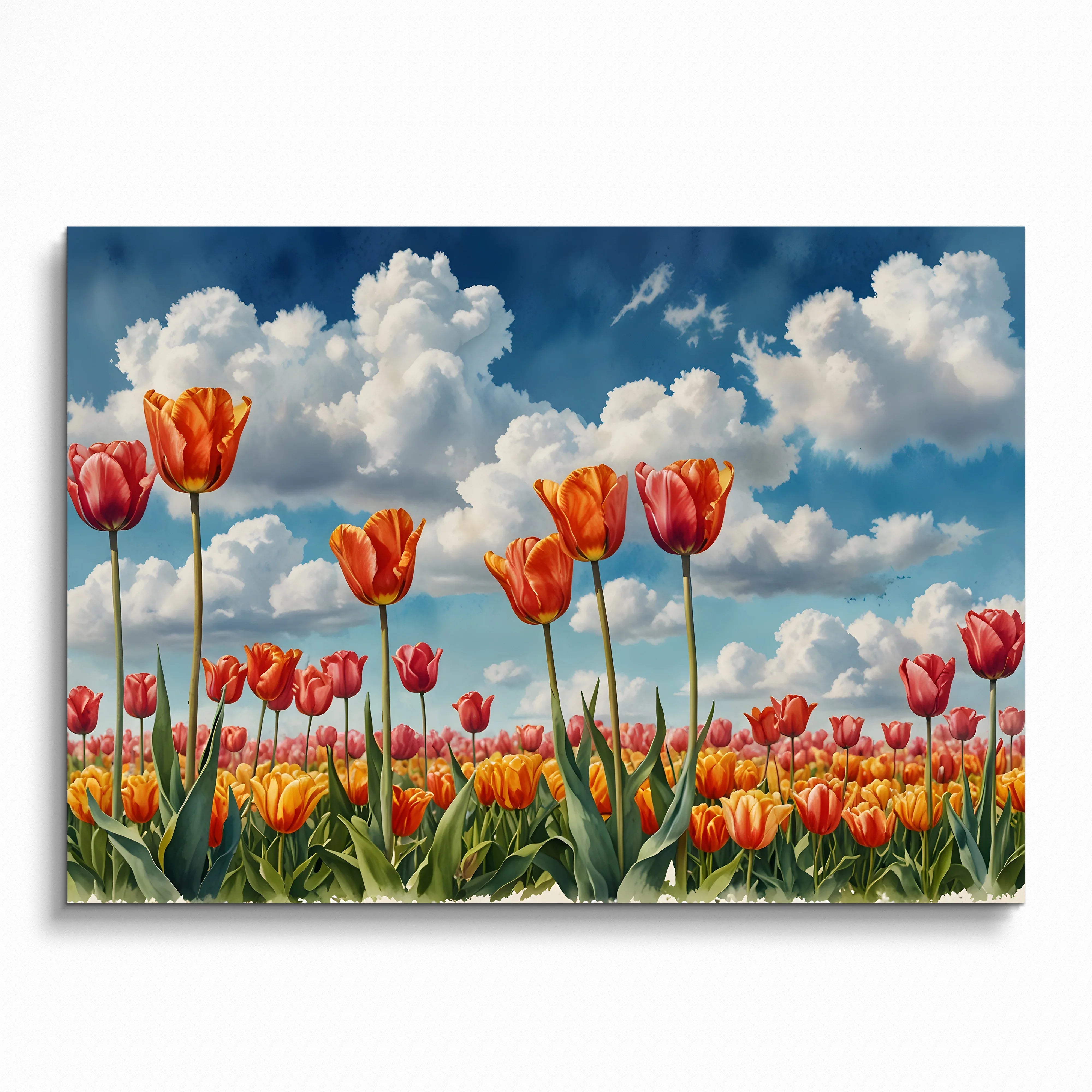 Vibrant watercolor floral poster featuring red and orange tulips under a bright blue sky with fluffy white clouds, wall art.