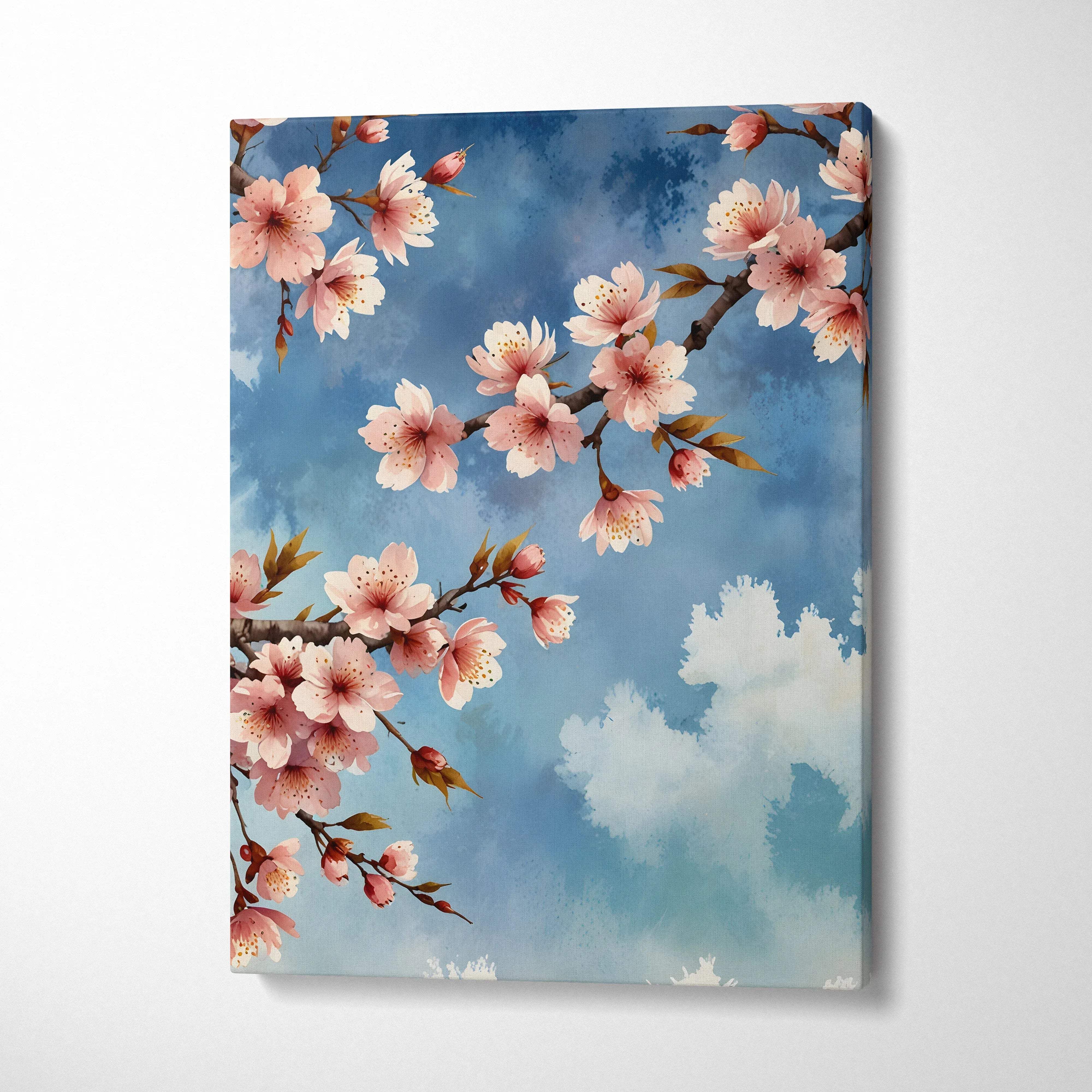 Cherry blossom branches with pink flowers against a blue sky on canvas wall art.