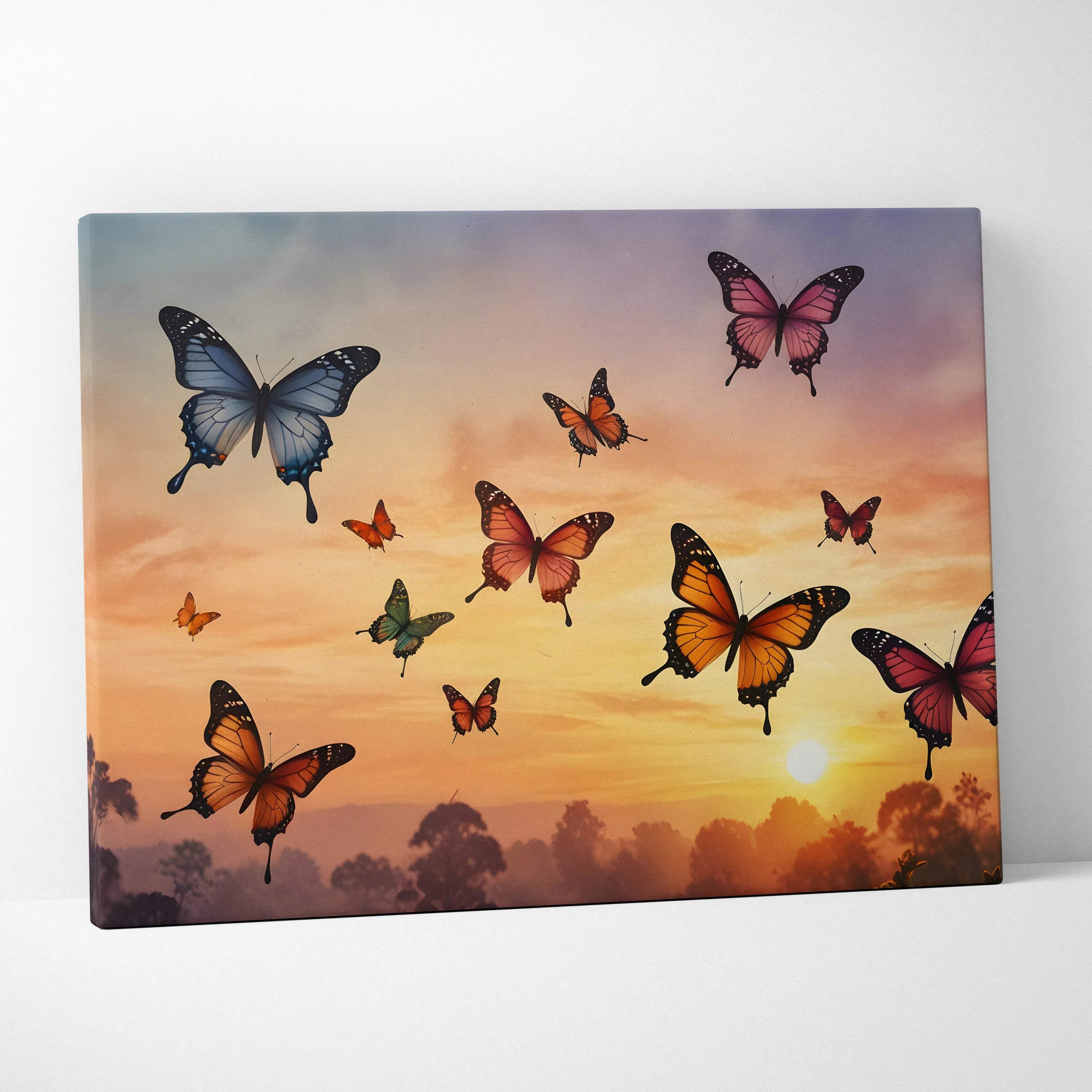 A vibrant canvas wall art featuring a flock of butterflies against a warm orange and pink sunset sky over trees
