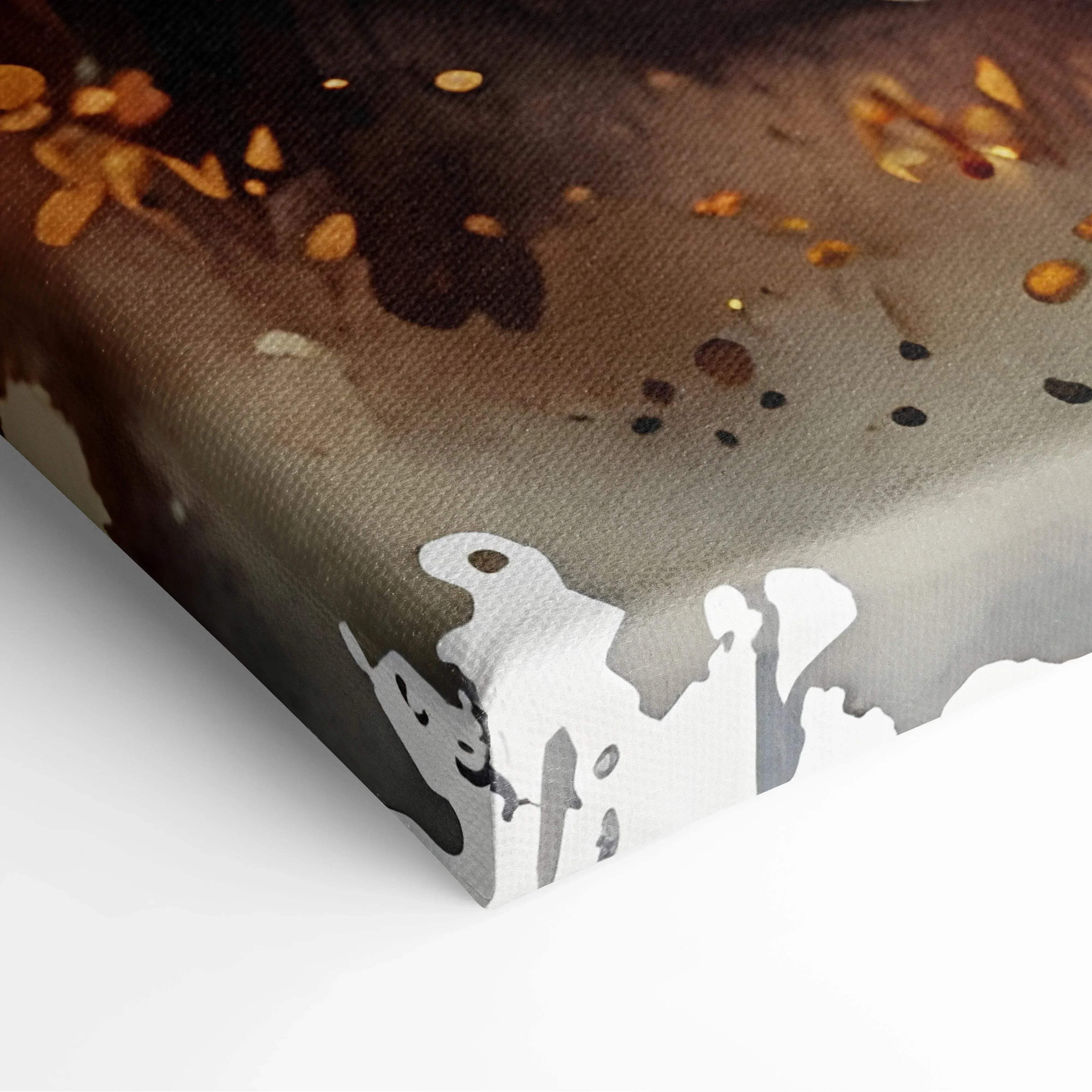 Canvas print with abstract watercolor splashes in earthy browns golds and white silhouettes for autumn forest decor