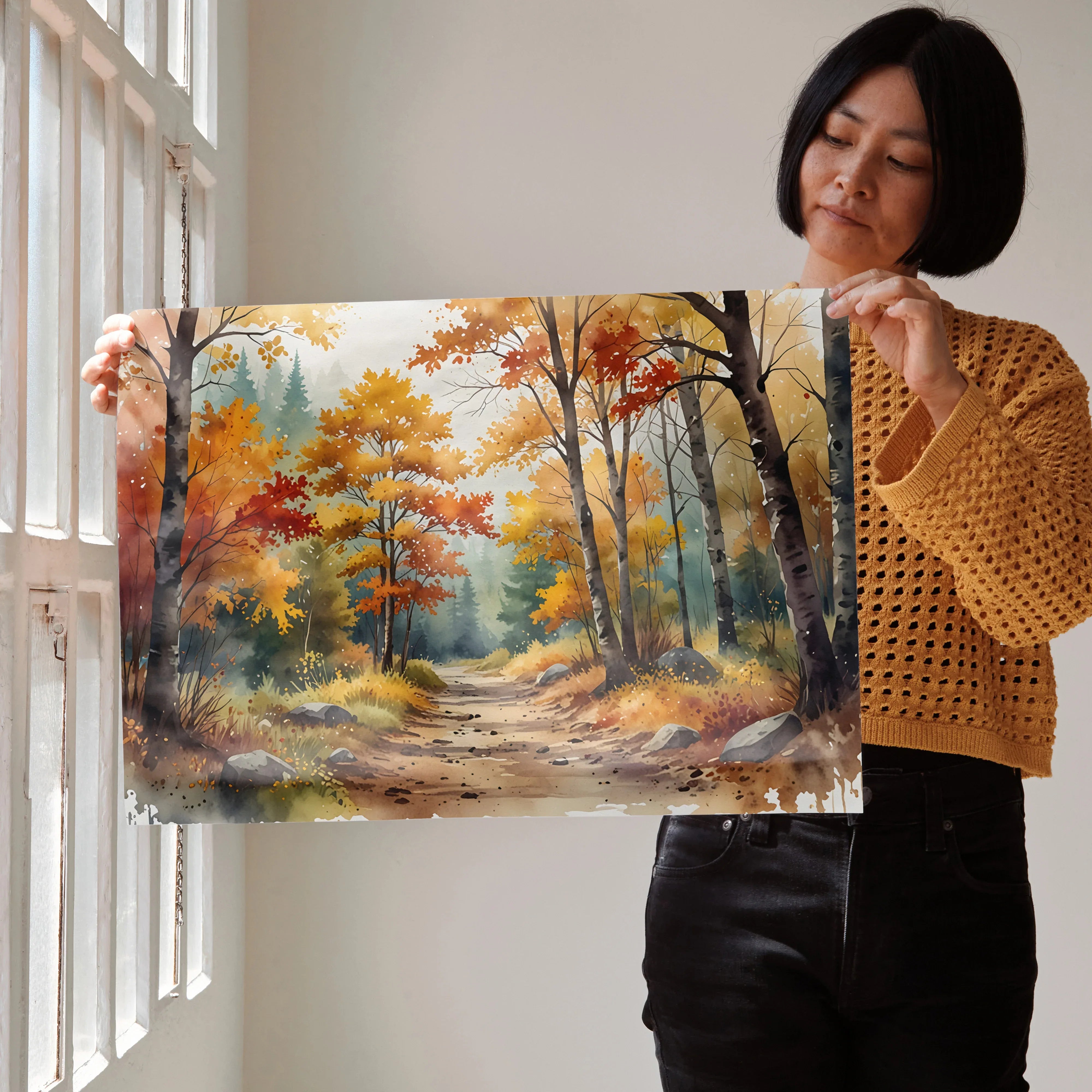 Autumn forest watercolor poster with vibrant fall foliage and a winding path, wall art print.