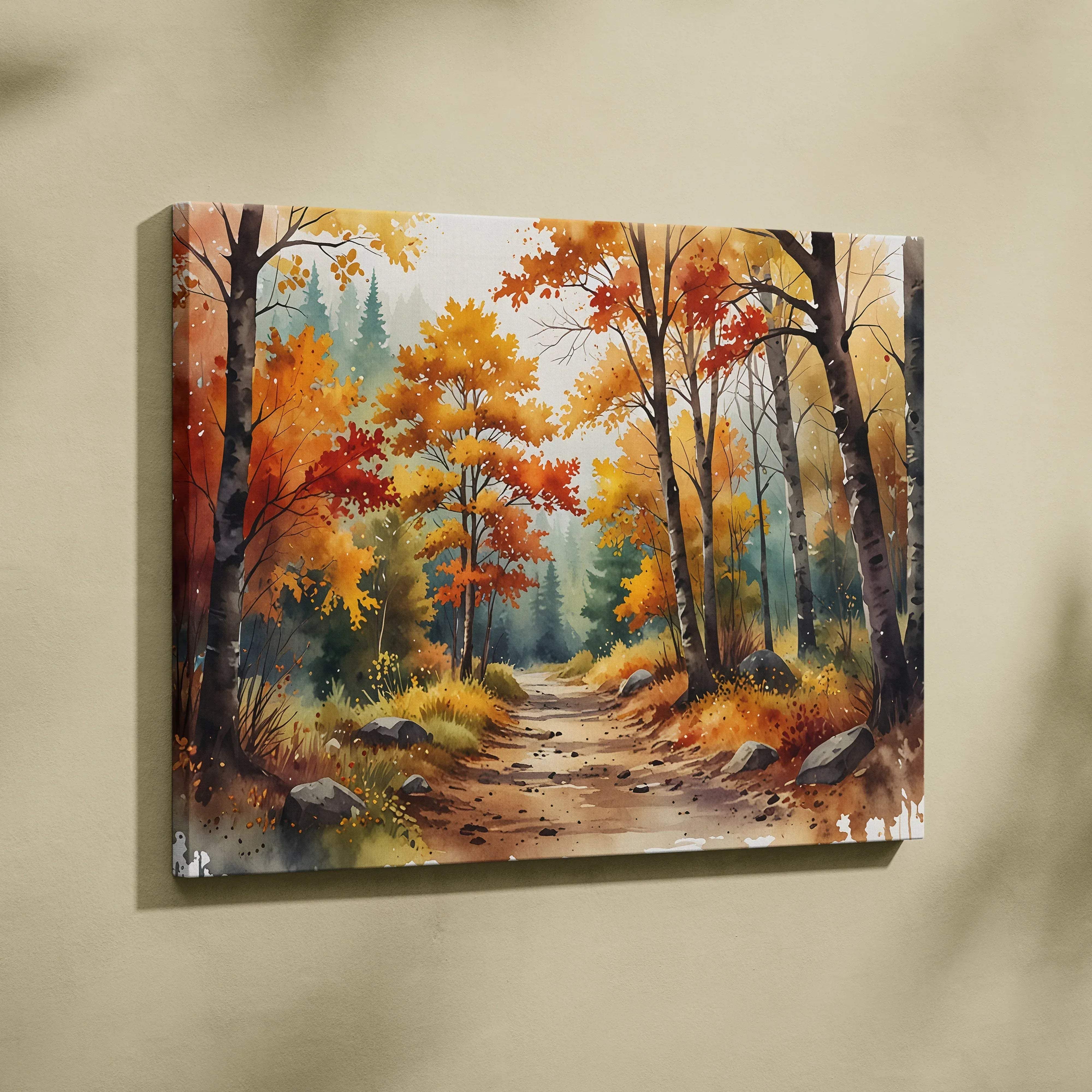 Vibrant autumn forest path canvas wall art with fiery orange and red leaves featuring a winding dirt path