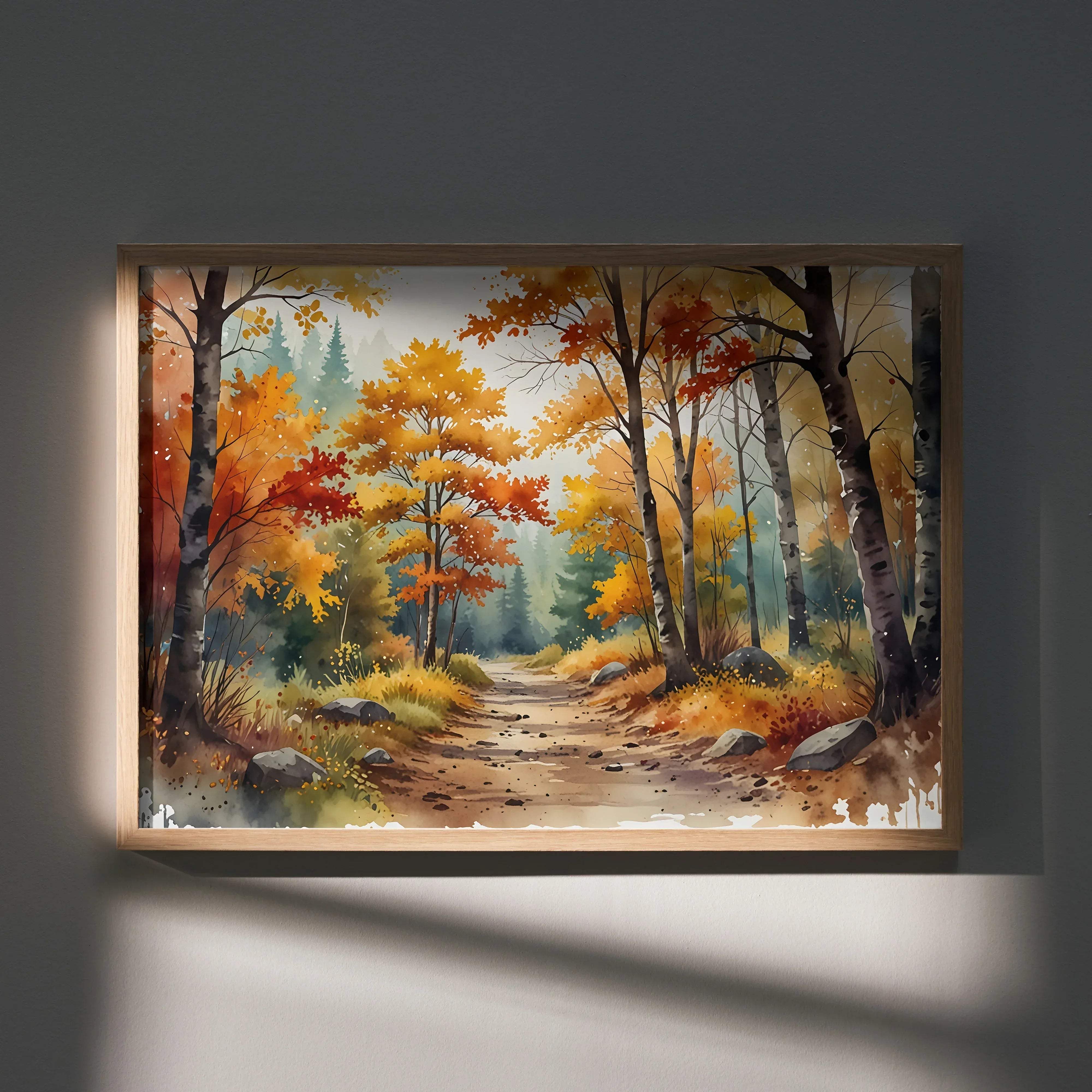 A framed watercolor styled poster of an autumn forest path with vibrant orange and red foliage against a misty background