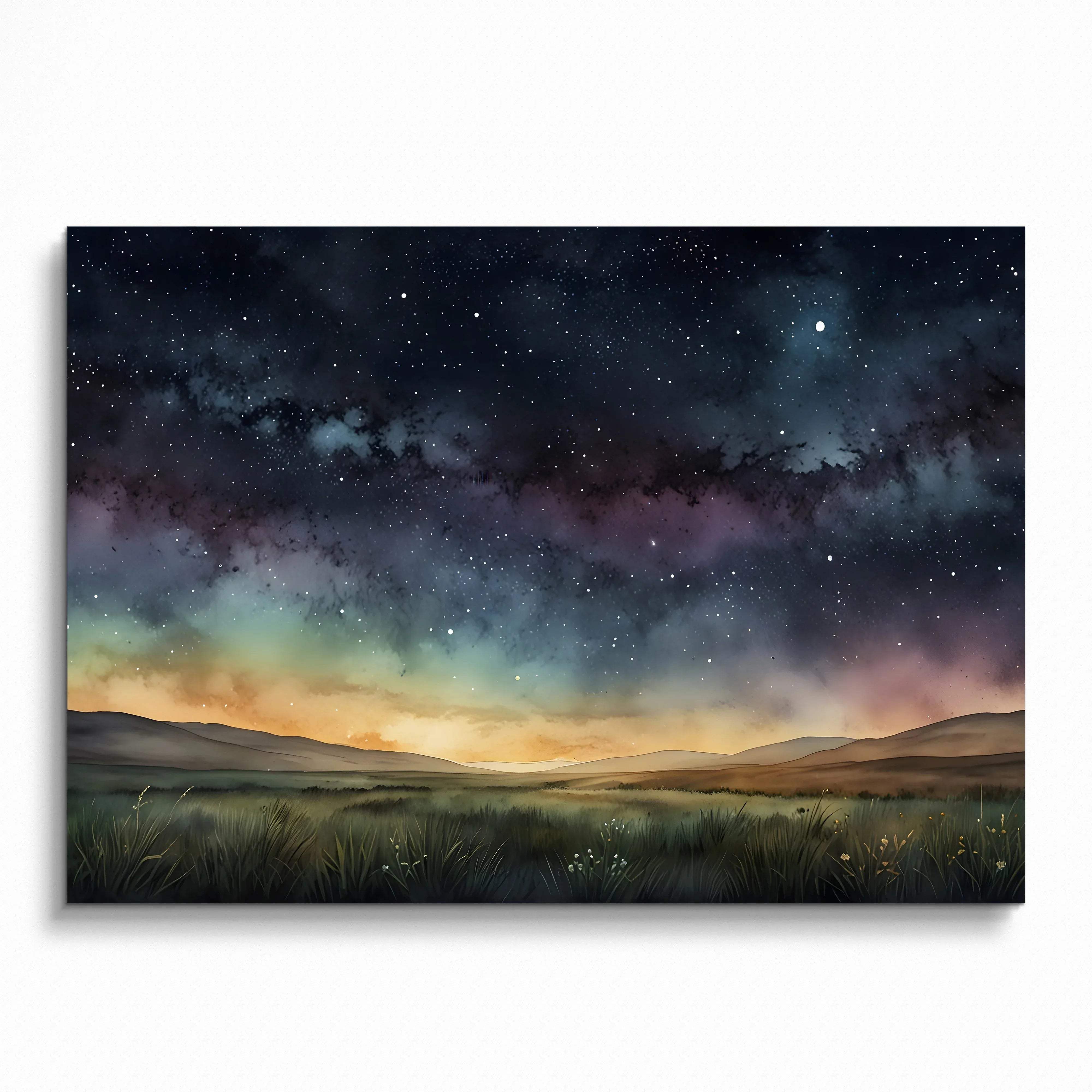 Starry night sky watercolor poster with glowing horizon and distant hills wall art.