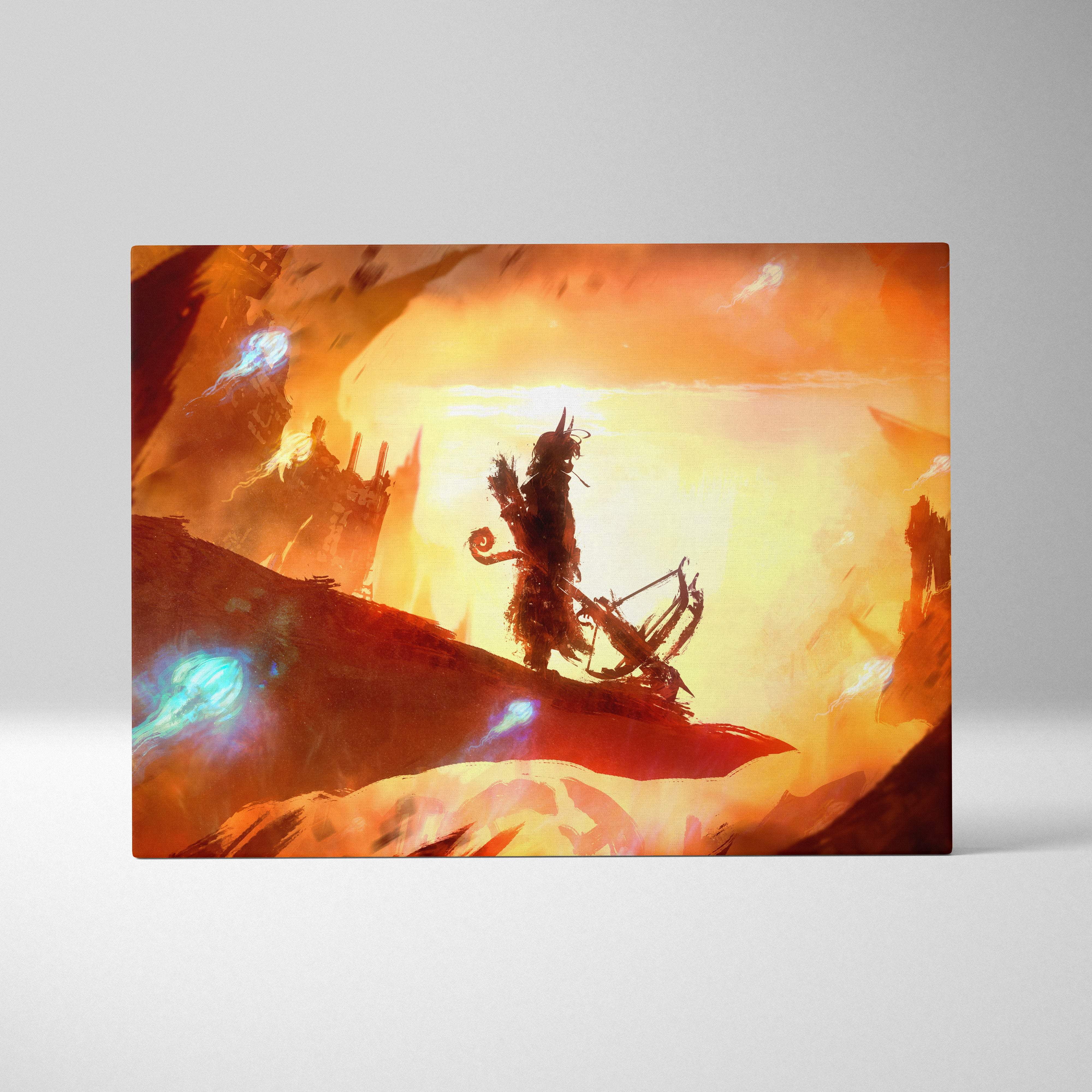 Orange and gold fantasy wall art print of a silhouetted archer with bow on cliff against fiery sky in apocalyptic wasteland
