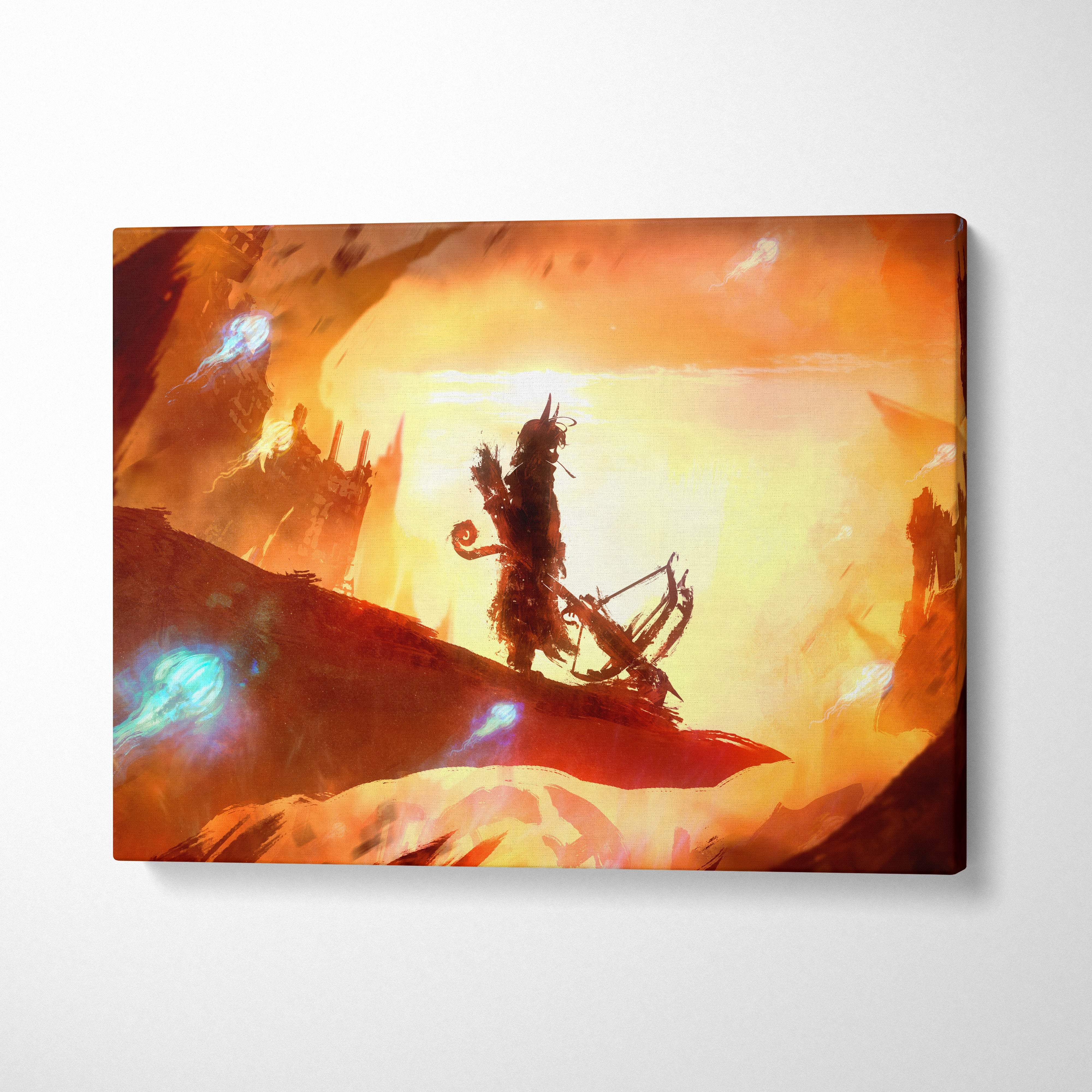 Orange and yellow fantasy wall art print of silhouetted archer with bow in fiery burning wasteland with floating embers