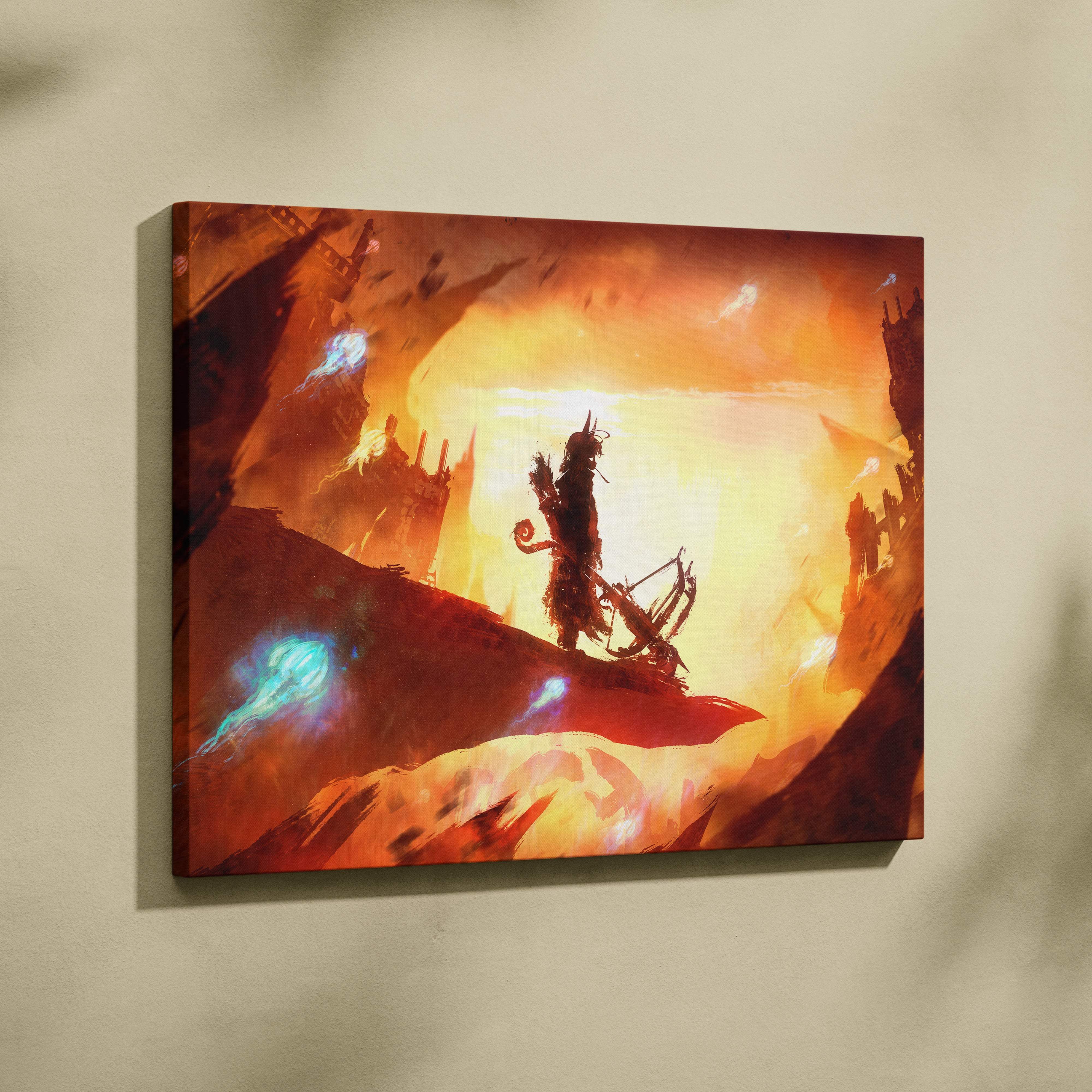 A vibrant fantasy canvas print of a lone warrior with a bow atop rocky outcrop against fiery orange sunset sky