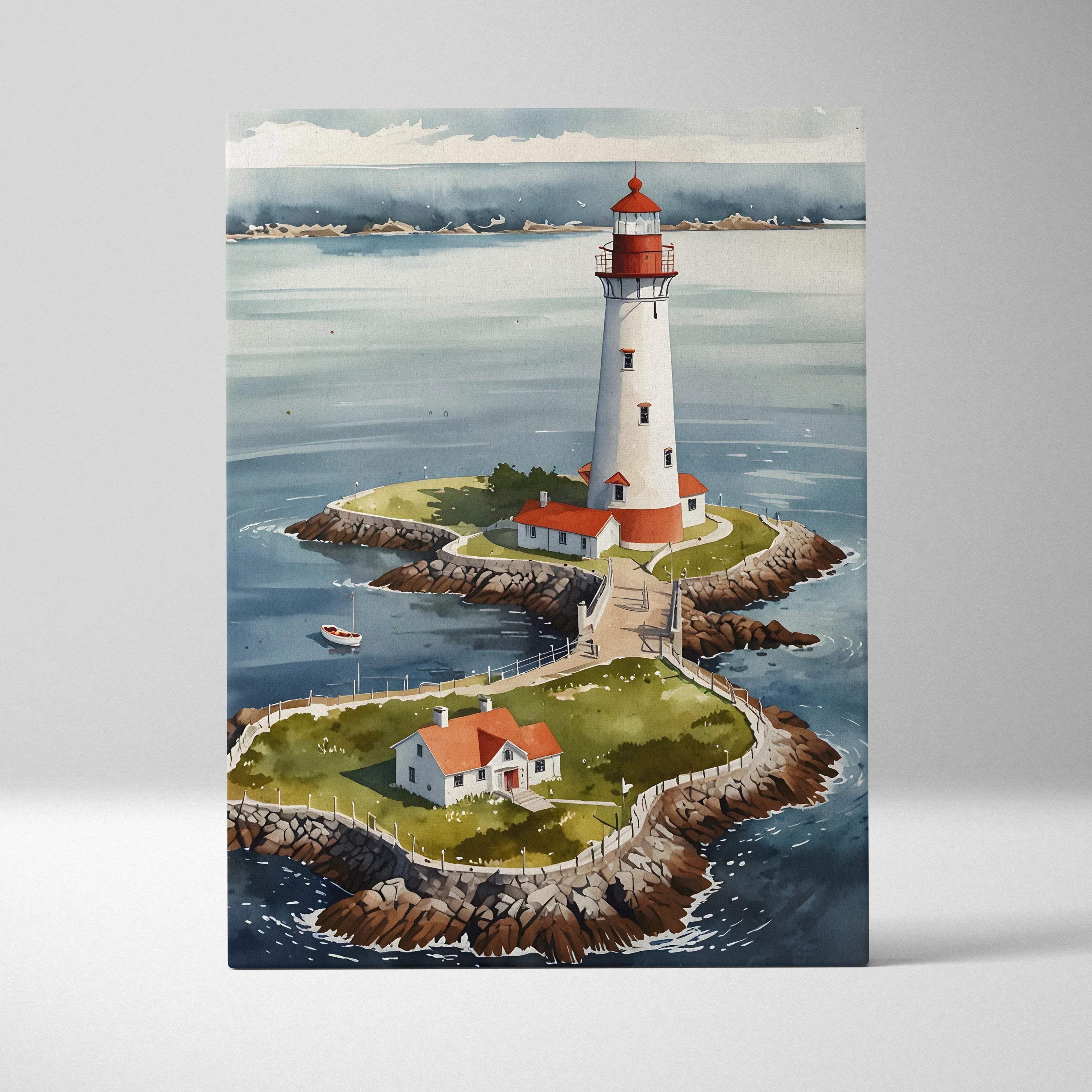 Watercolor lighthouse on island canvas wall art featuring a white lighthouse with red accents on a rocky island