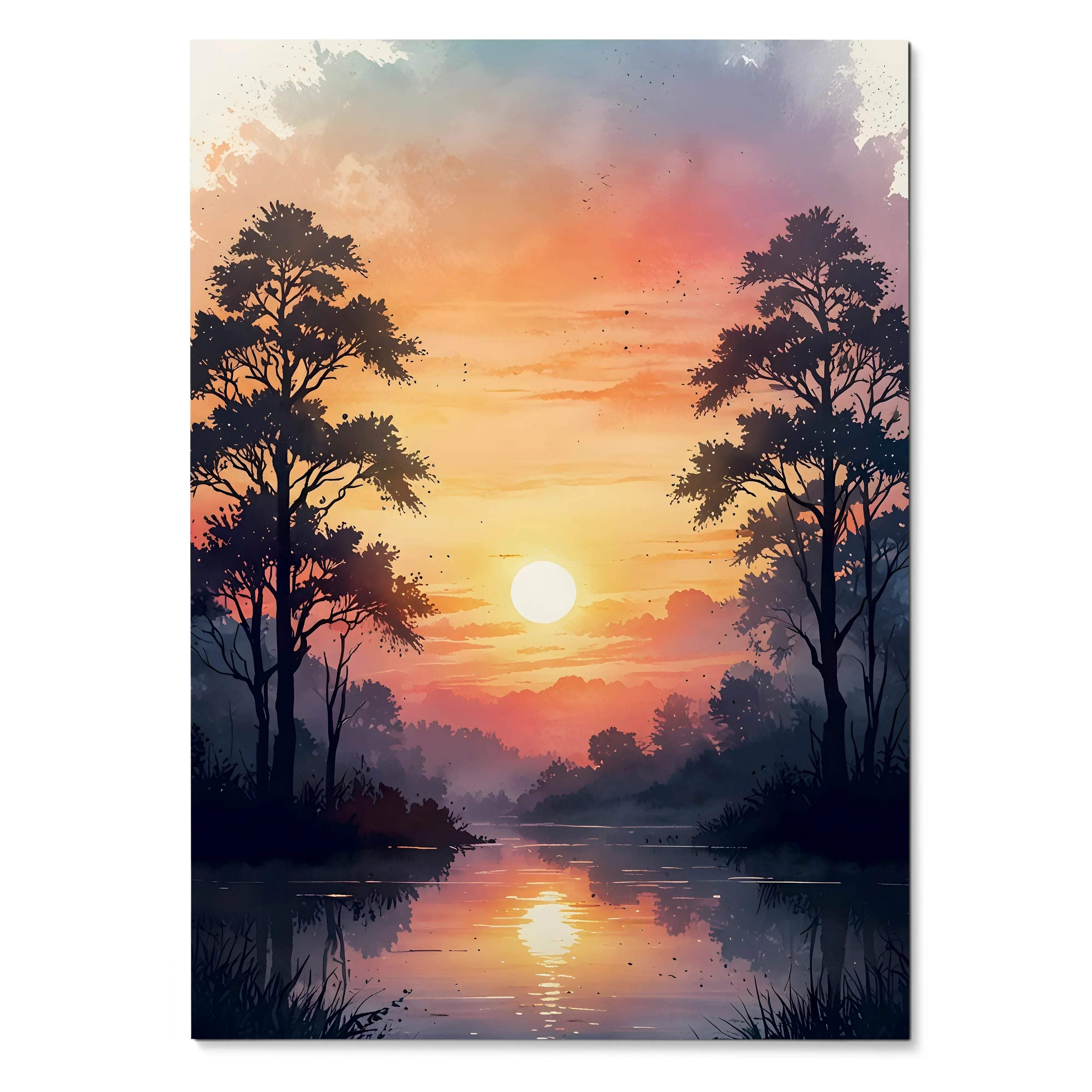 Vertical watercolor style sunset poster featuring vibrant sky and silhouetted trees reflecting on water, wall art.