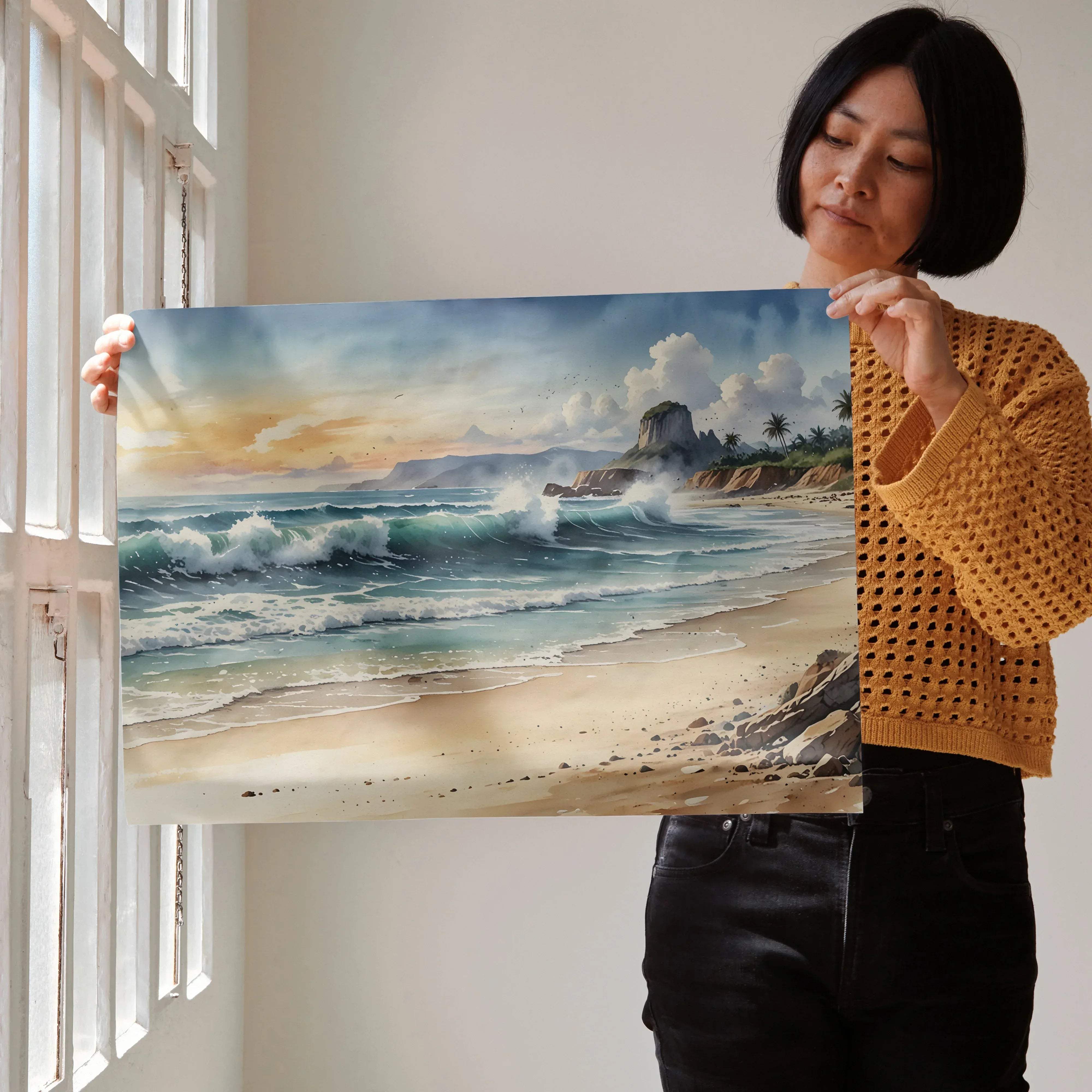 Serene watercolor styled ocean beach art print poster featuring vibrant crashing waves sandy shore and distant cliffs