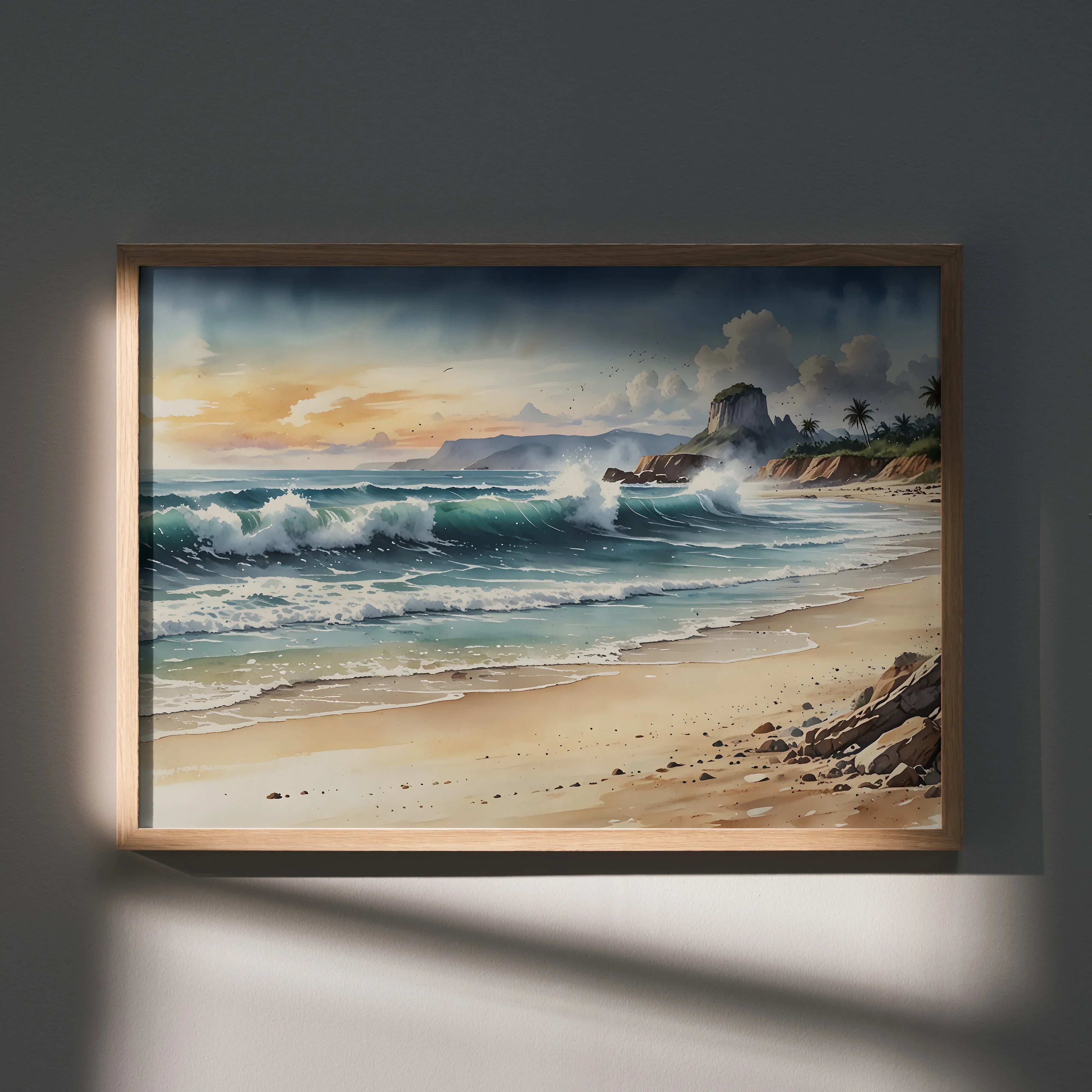 Serene watercolor ocean beach poster with waves crashing on sandy shore, palm trees, and soft sunset sky wall art.