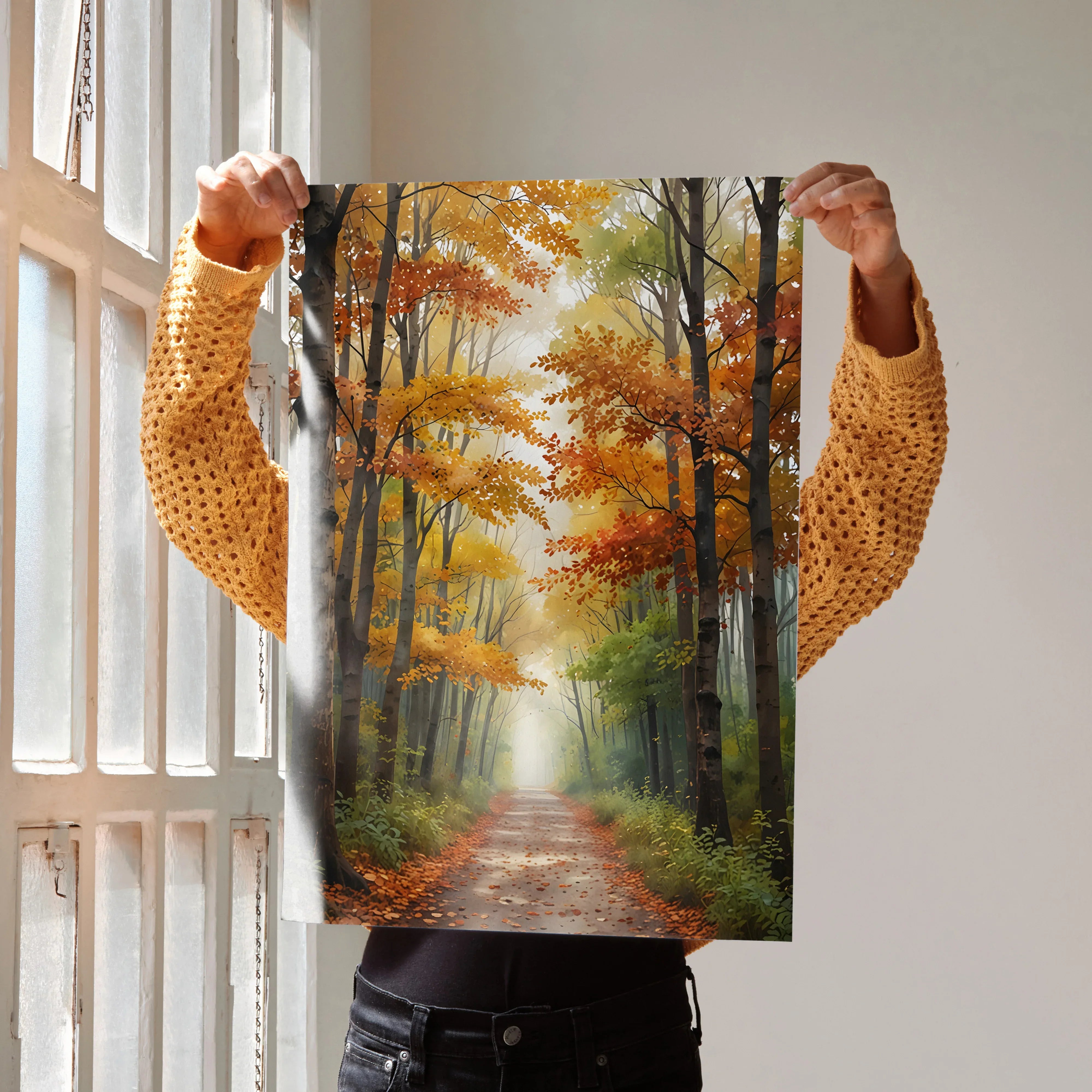 Vertical watercolor style autumn trees forest poster with vibrant orange and yellow foliage wall art.