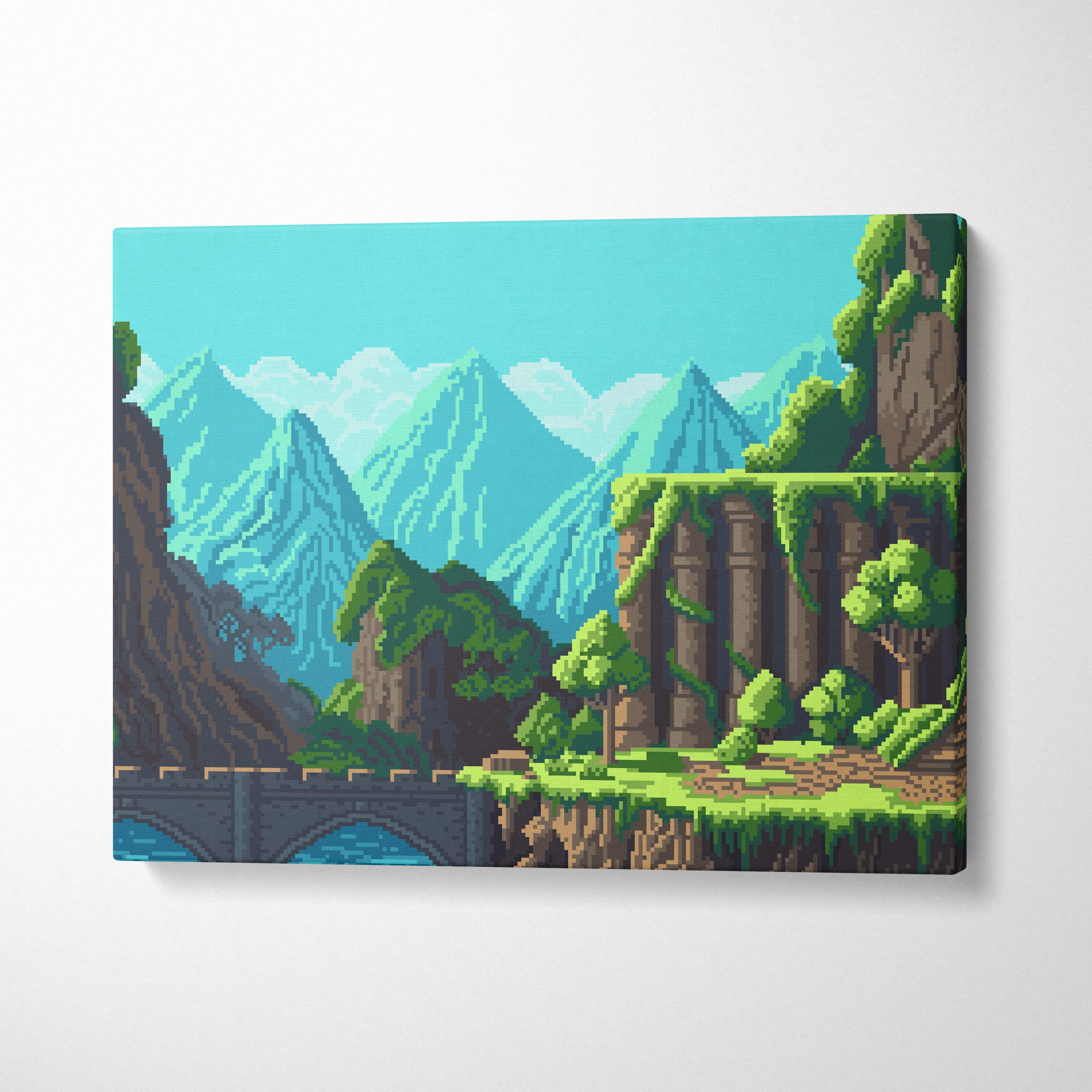 Pixel-art canvas print of a vibrant retro mountain landscape with green castle ruins and lush medieval nature decor