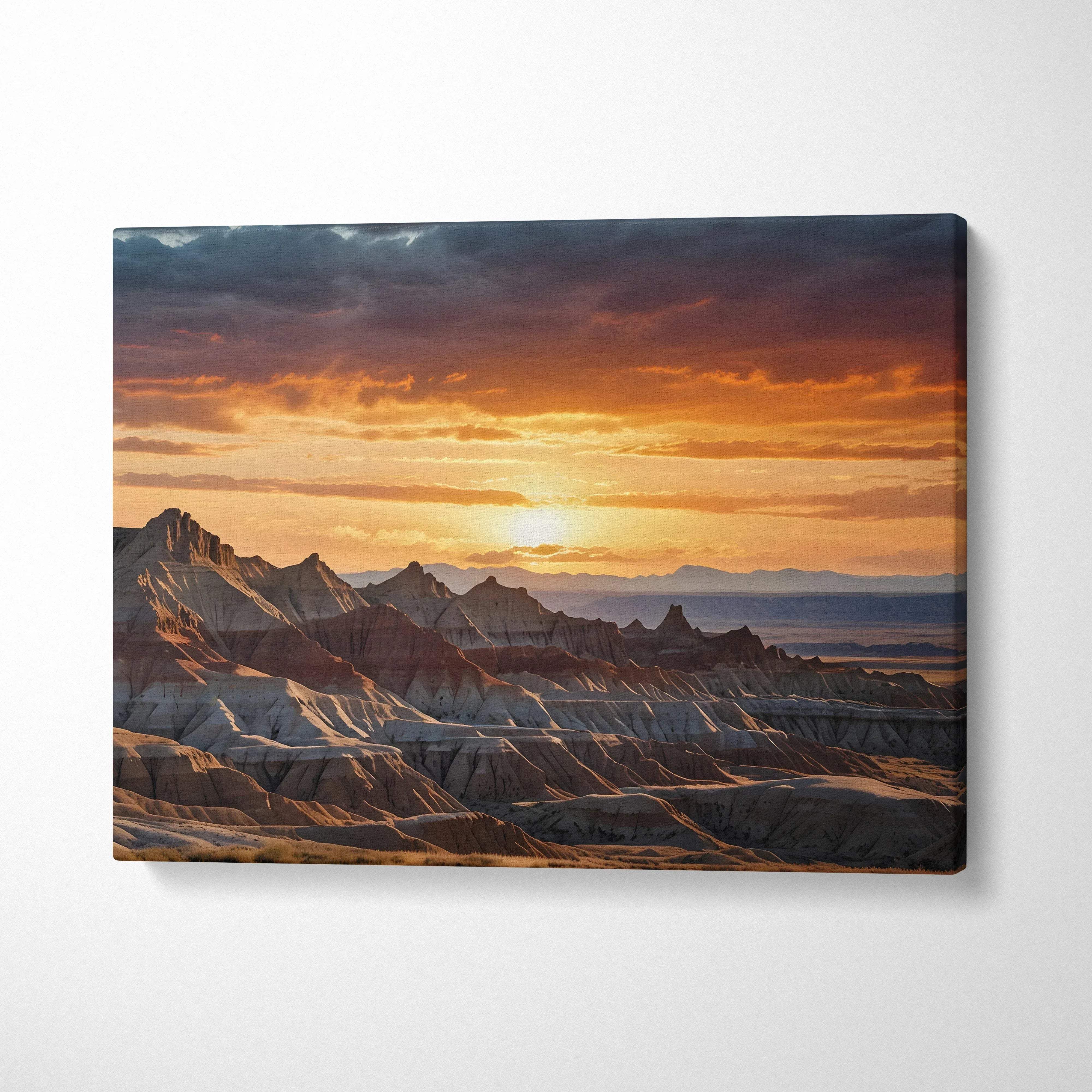 Canvas wall art of rugged mountain landscape at sunset with vibrant orange sky and sun glowing over ridges.
