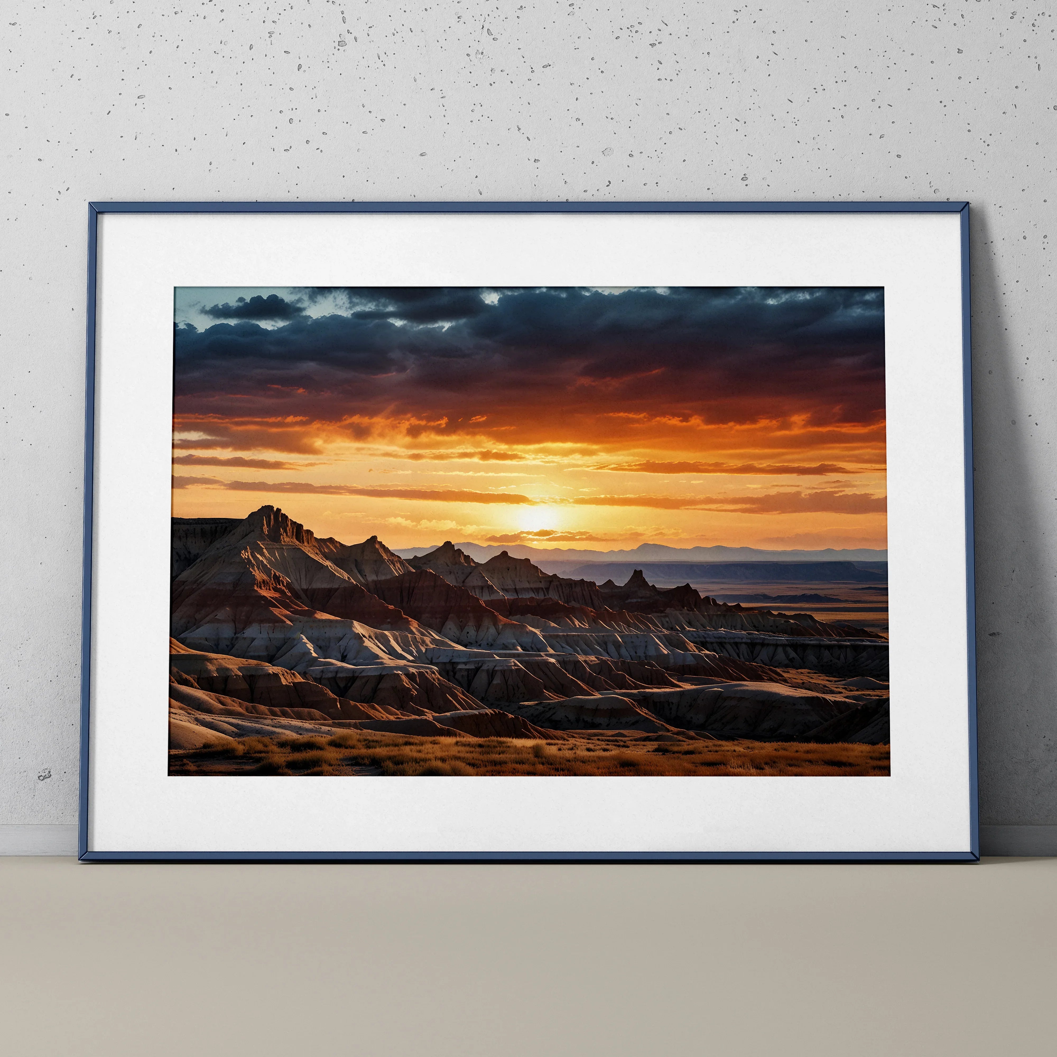 Sunset mountain landscape digital art poster with vibrant watercolor sky and layered ridges.