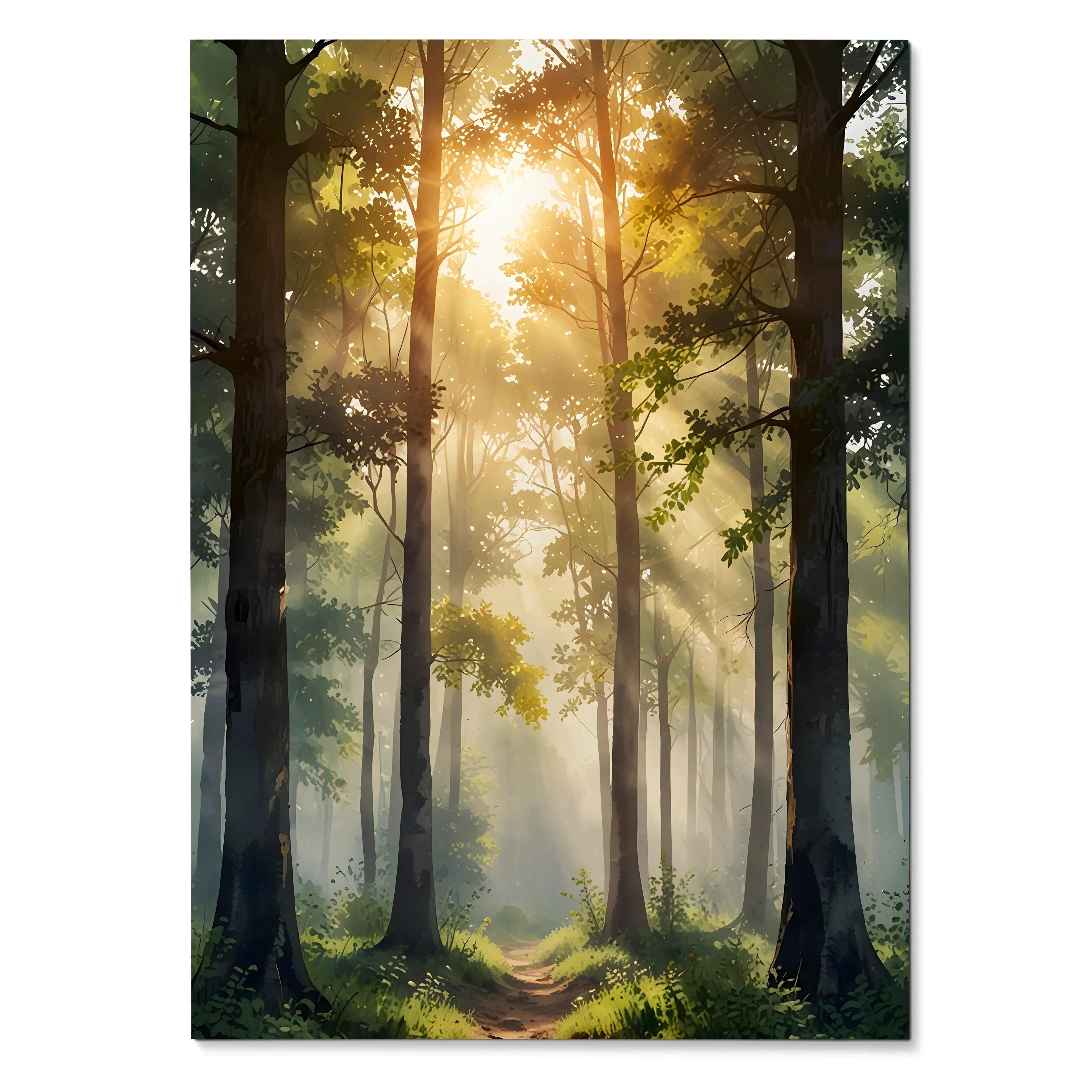 Vertical watercolor forest wall art poster with sunlight streaming through tall trees.