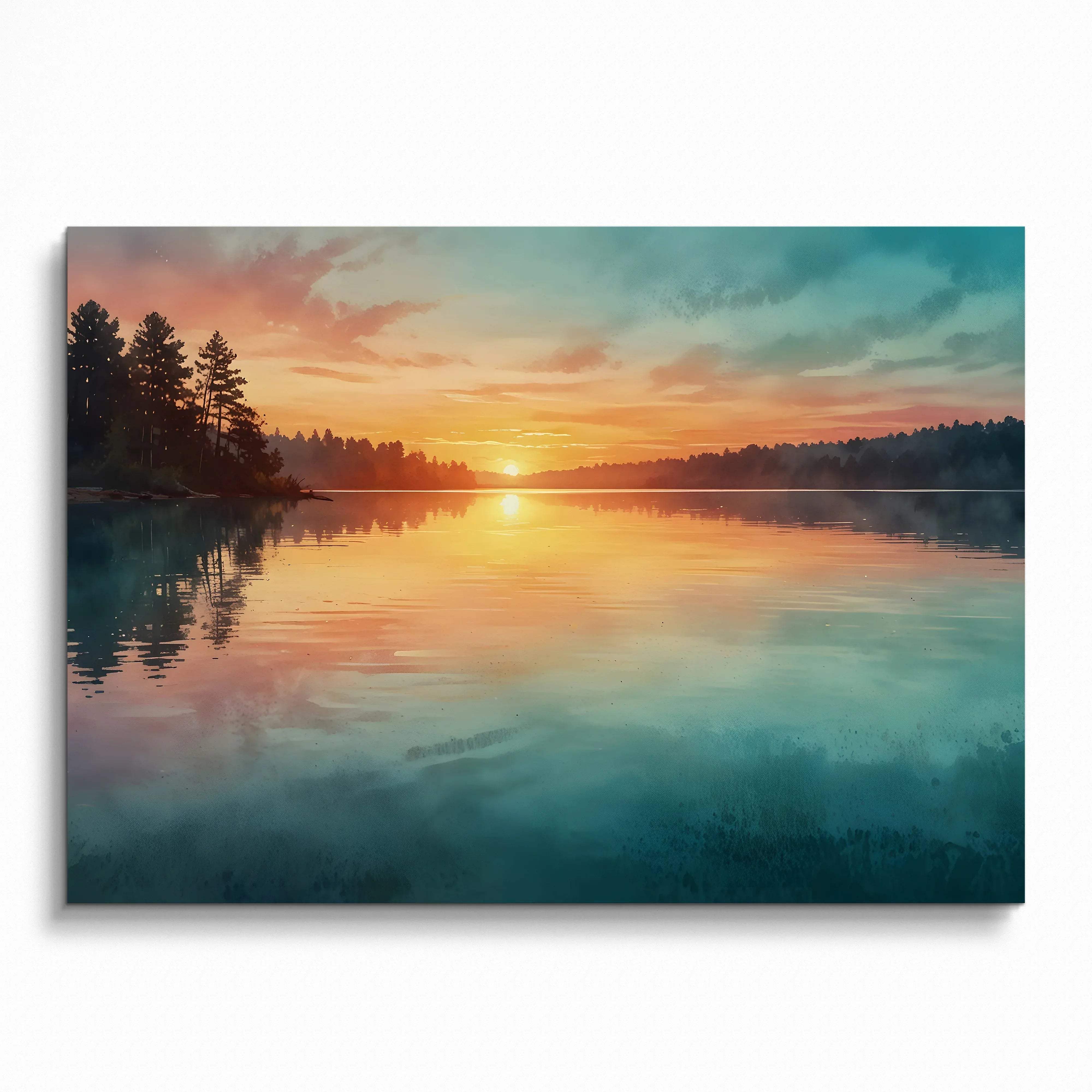 Watercolor sunset nature poster with vibrant orange and blue sky reflecting on calm lake wall art.