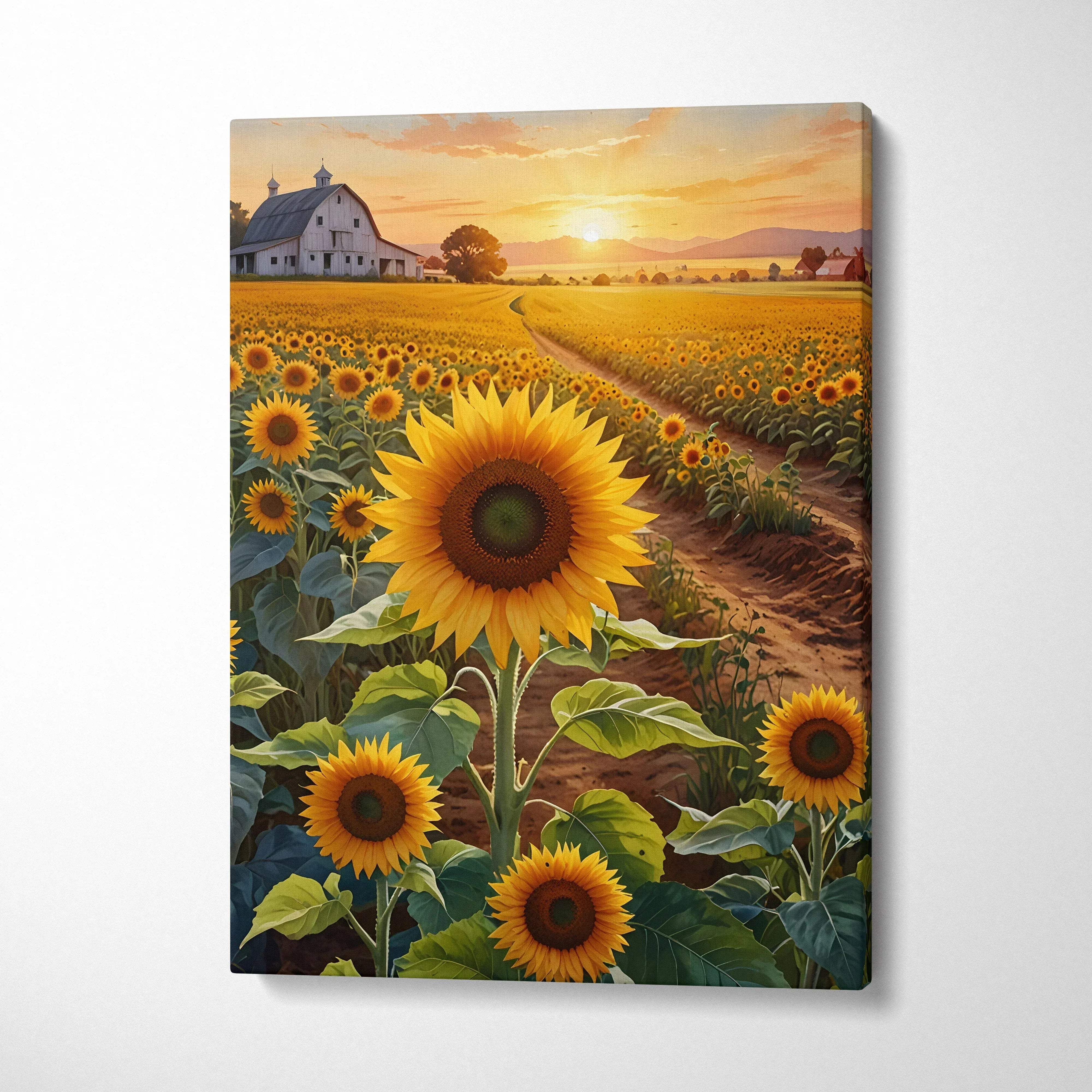 Canvas wall art featuring vibrant sunflowers in a field at sunset with warm orange and yellow tones.
