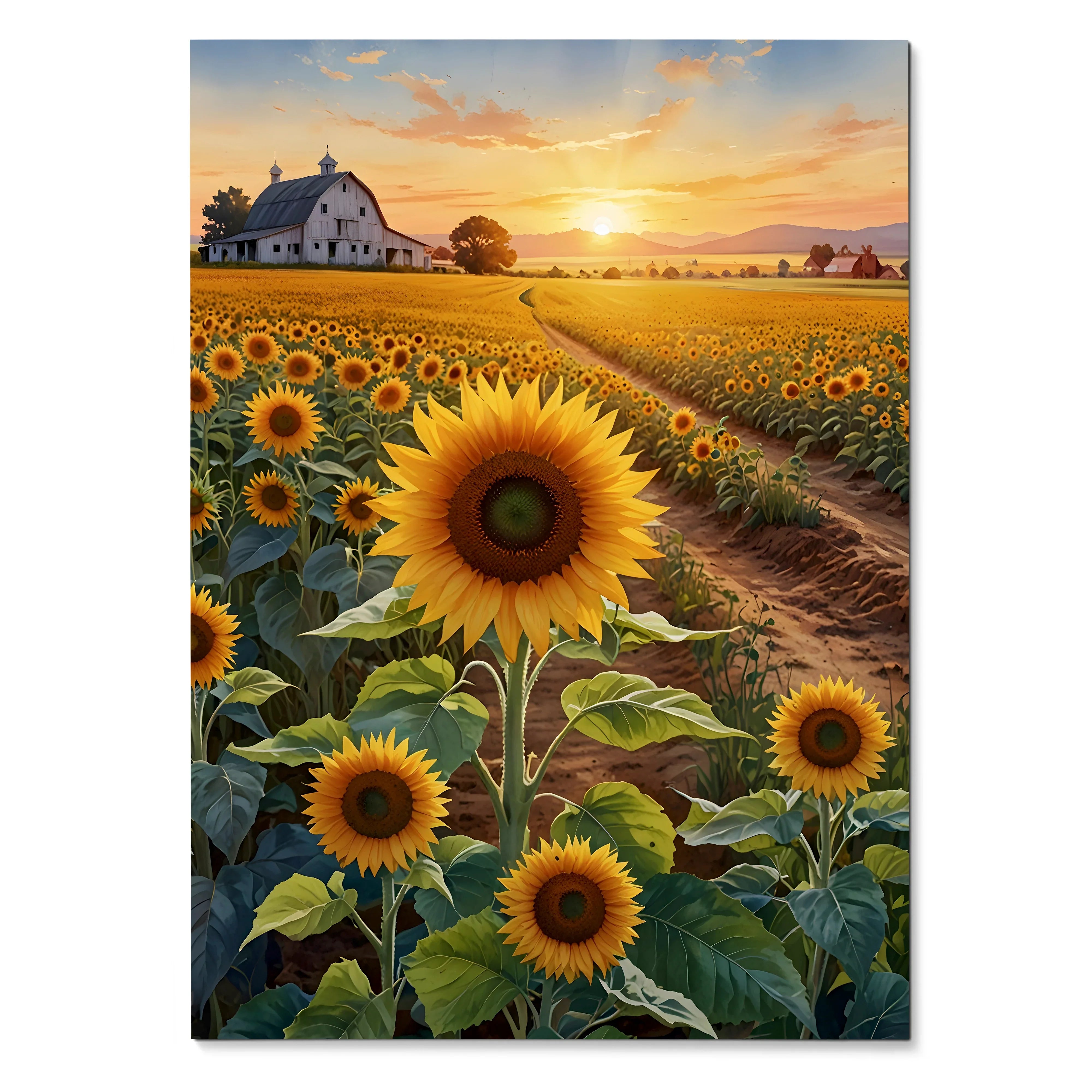 Vertical poster of vibrant sunflowers in a field at sunset, colorful floral wall art with a farmhouse background.