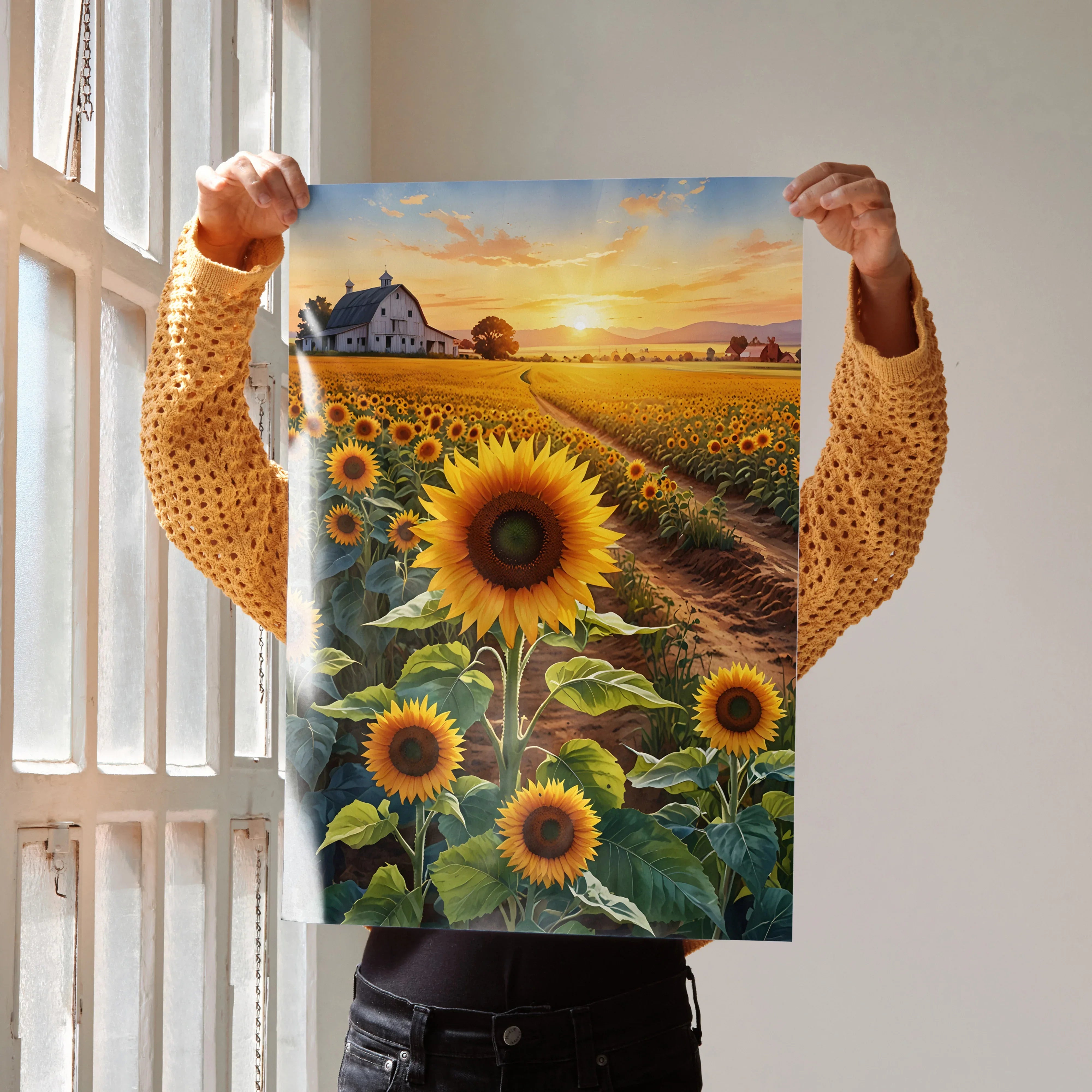 Vibrant floral sunset poster featuring sunflowers and a farmhouse with colorful sky wall art.