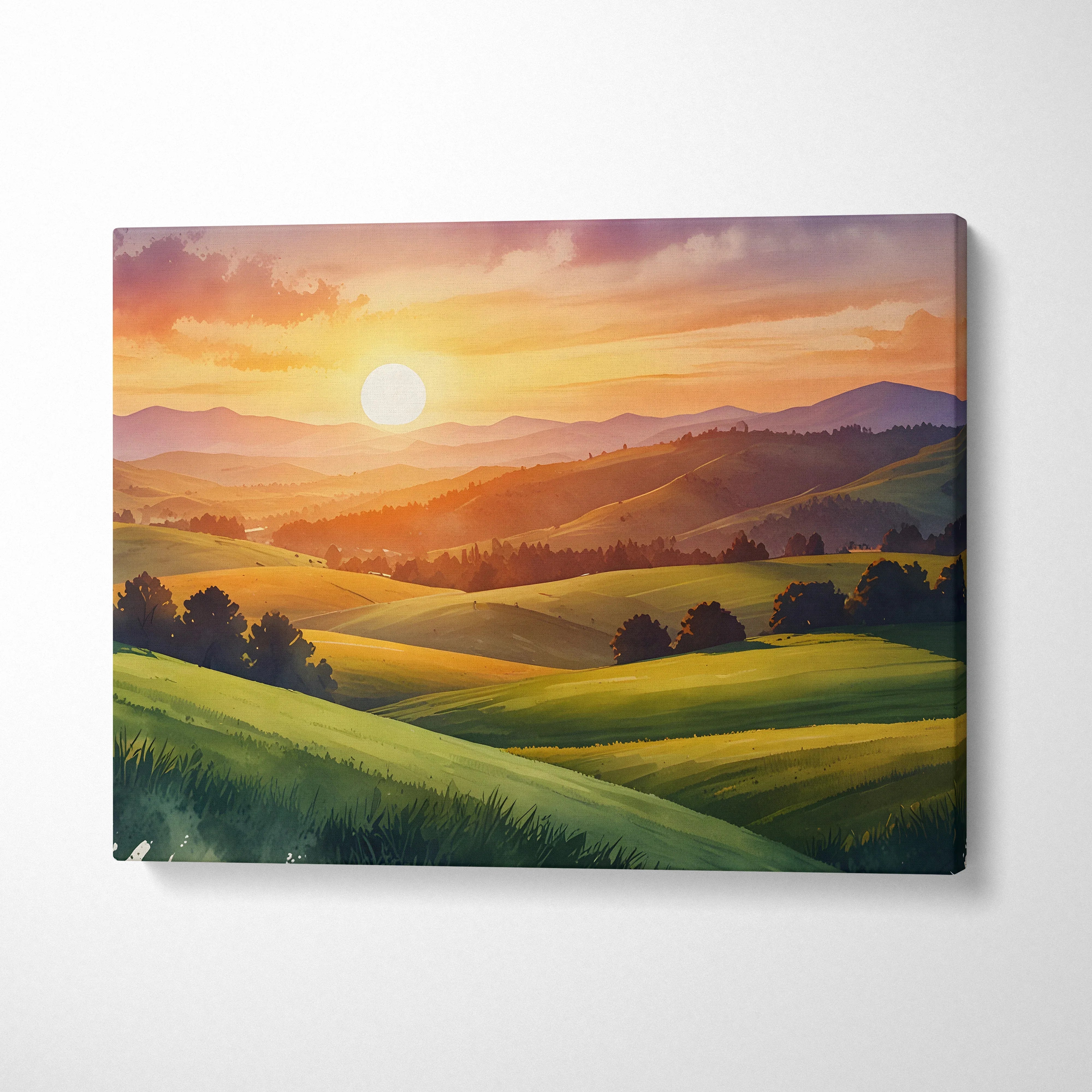 Watercolor canvas wall art of vibrant sunset over rolling green mountains and trees.