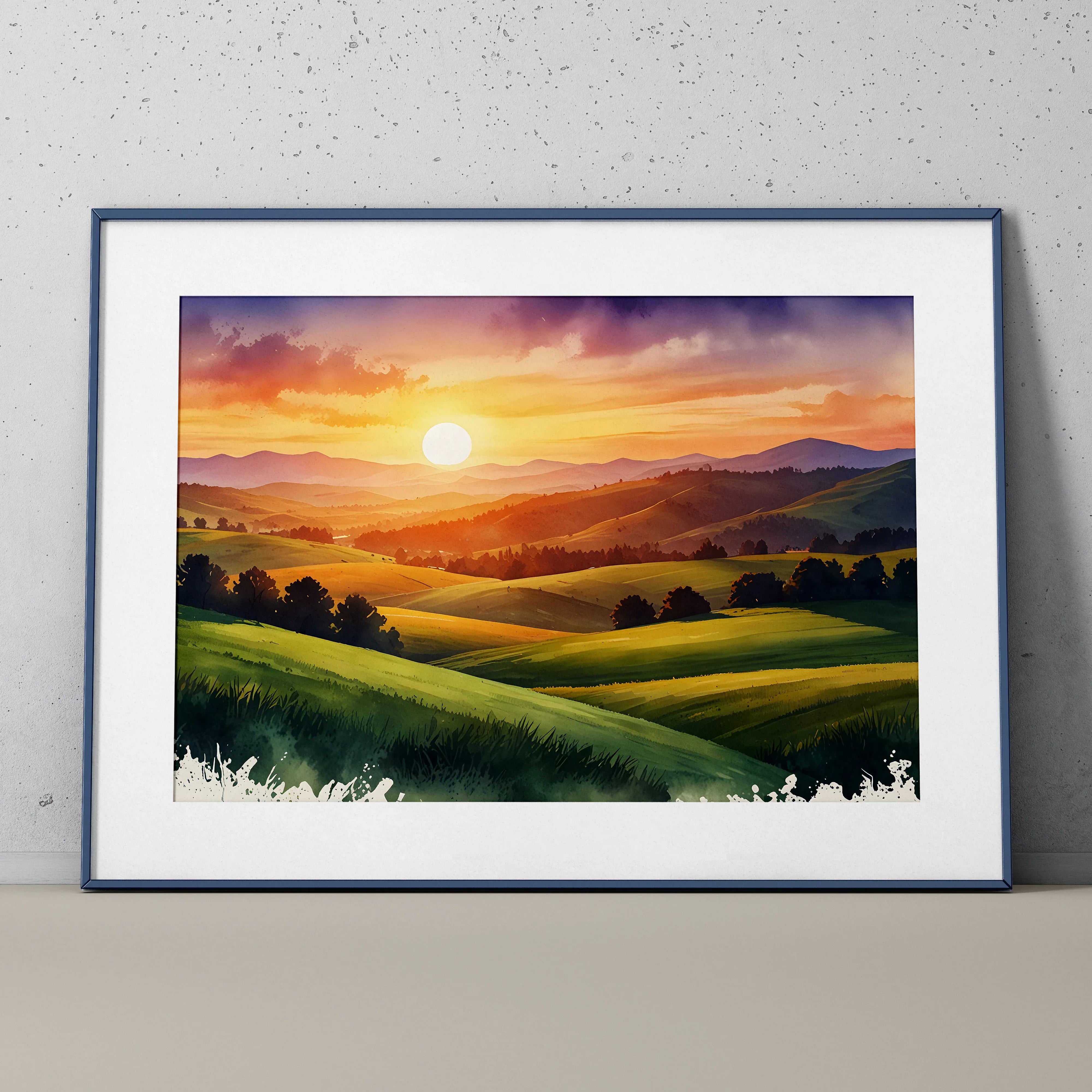 Framed watercolor poster of vibrant sunset over rolling green mountains wall art.